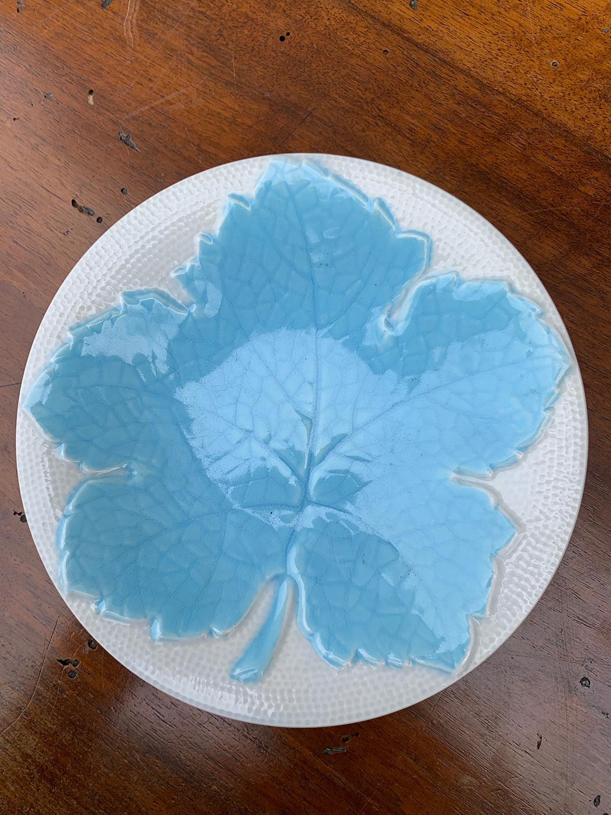 Set of 12 Galvani Italian Majolica Blue Maple Leaf Dessert Plates, Marked For Sale 3