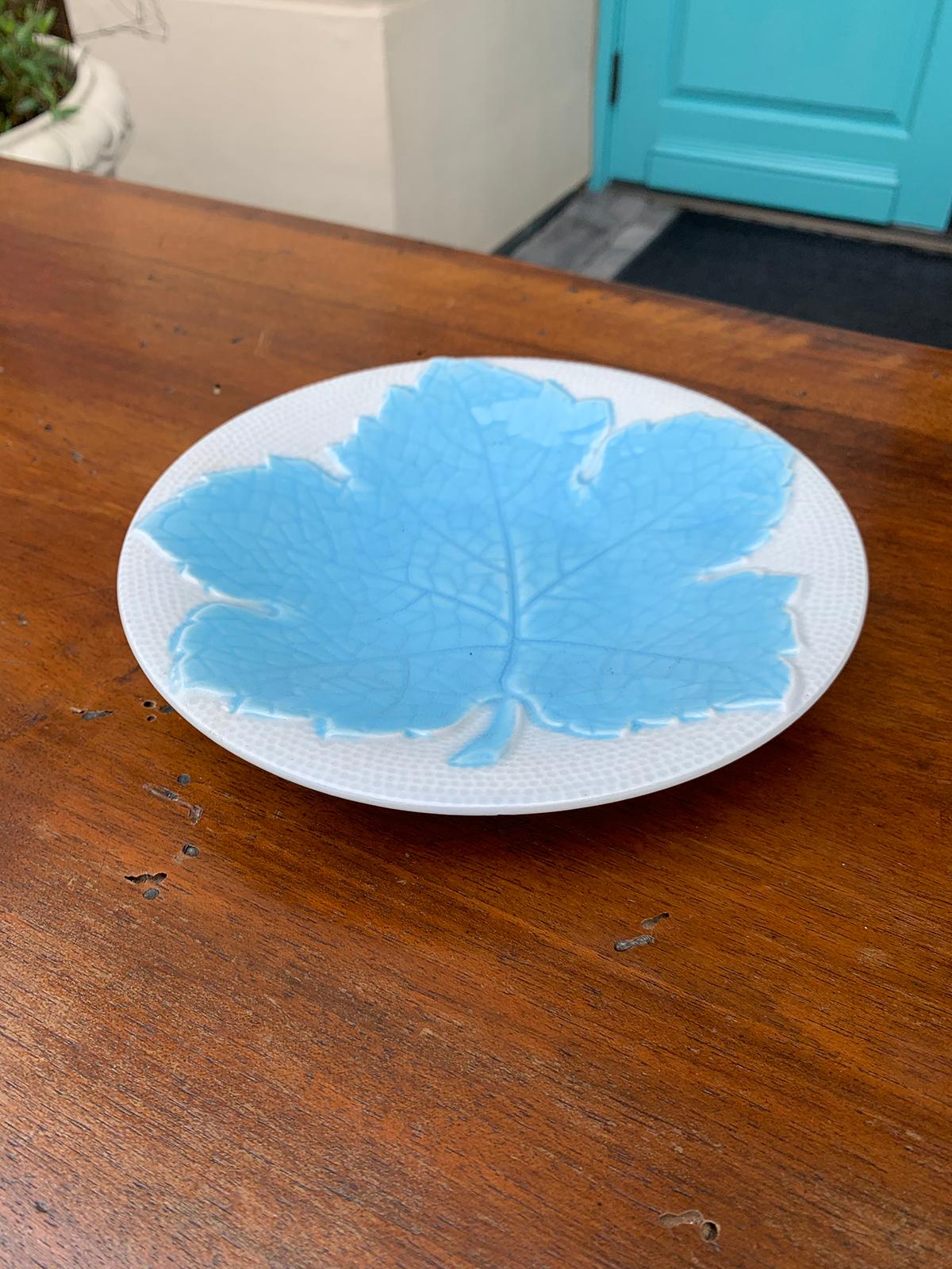 Set of 12 Galvani Italian Majolica Blue Maple Leaf Dessert Plates, Marked For Sale 4