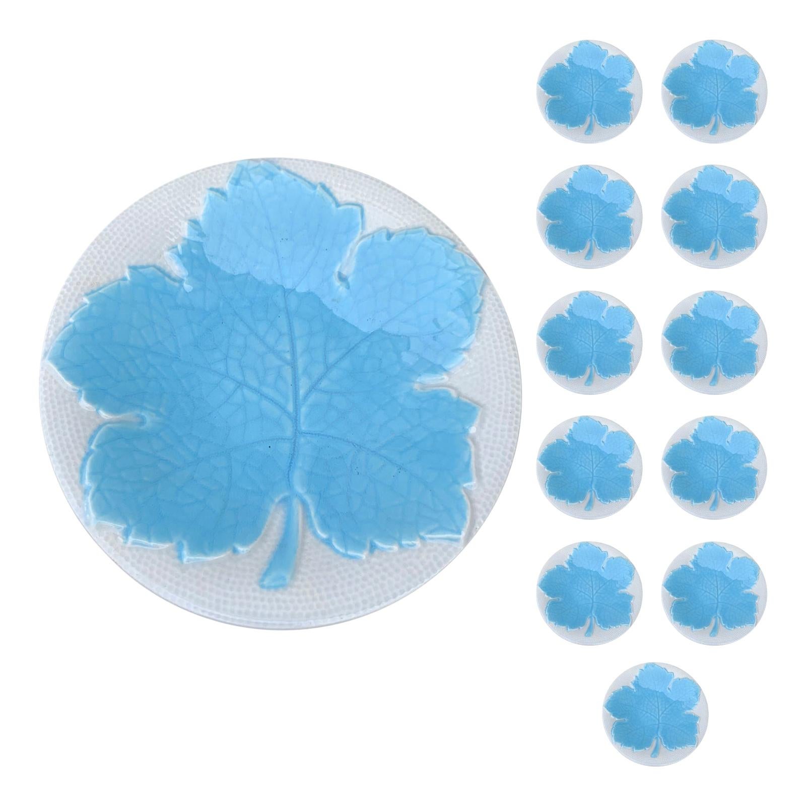 Set of 12 Galvani Italian Majolica Blue Maple Leaf Dessert Plates, Marked For Sale