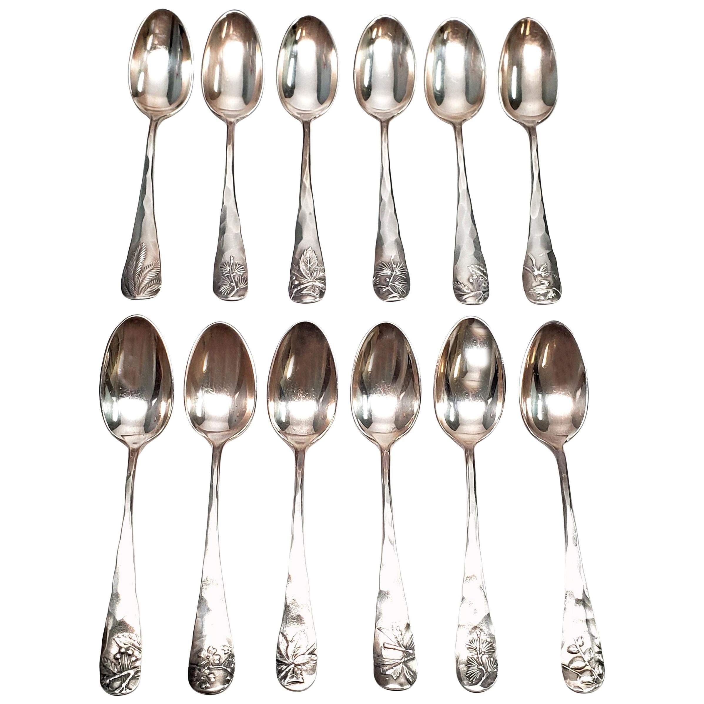 Set of 12 George Shiebler Plant Pattern Sterling Silver Demitasse Spoons