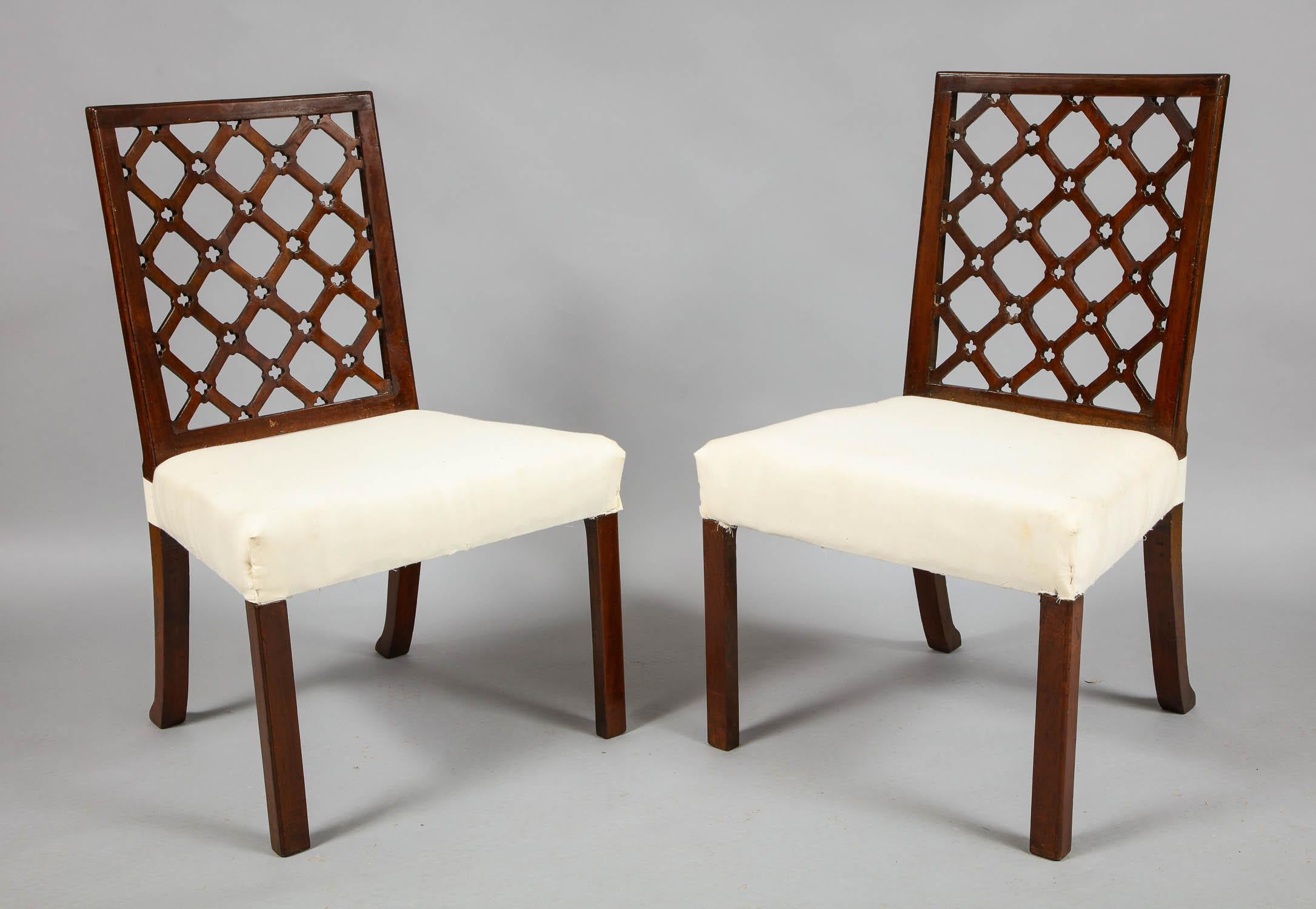 Very fine set of six 18th century and six later square lattice back side chairs having finely pierced backs in a 