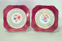 Set of 12 German Square Maroon Porcelain Dessert Plates with Floral Design