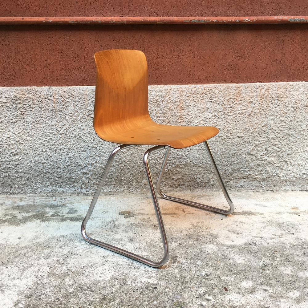 Set of 12 German Vintage Light Wood and Chromed Steel Pagholz Chairs, 1960s In Good Condition In MIlano, IT