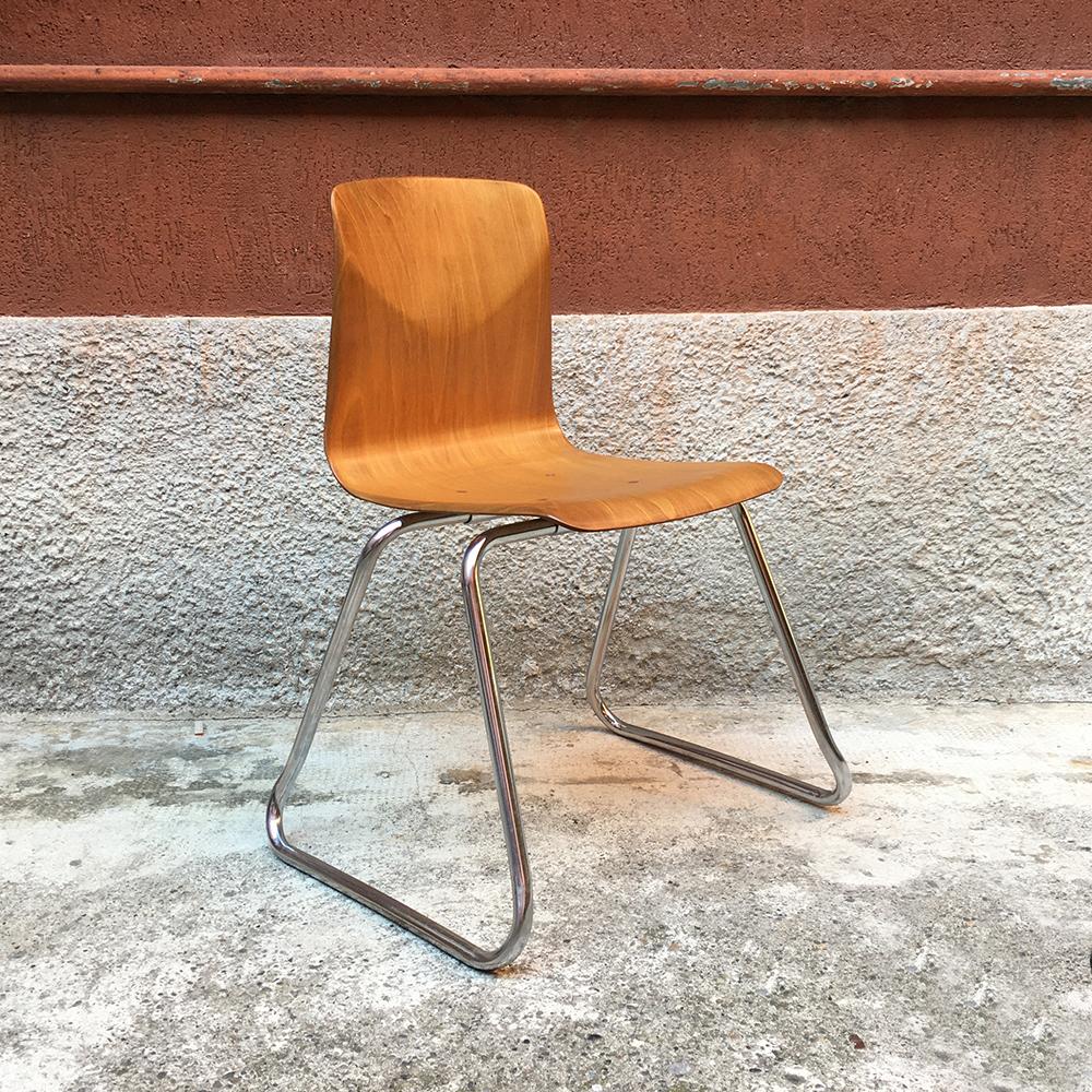 Set of 12 German Vintage Light Wood and Chromed Steel Pagholz Chairs, 1960s 2