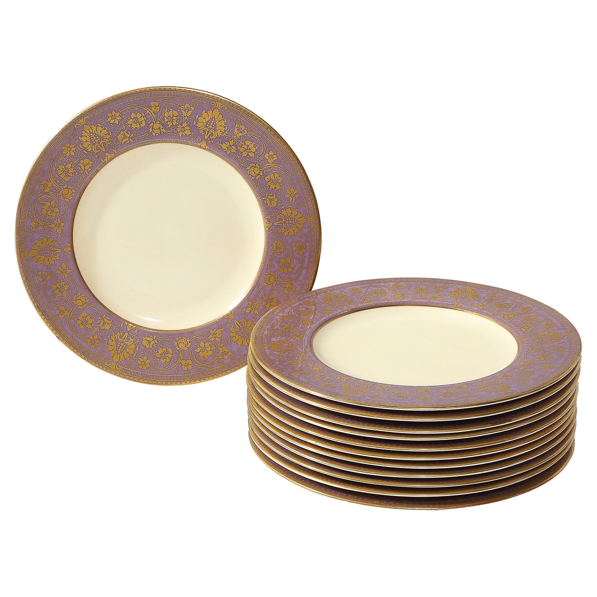 Set de 12 Bordes Lila Ahumado y Dorado de la Edad Dorada  Platos de Royal Worcester en venta