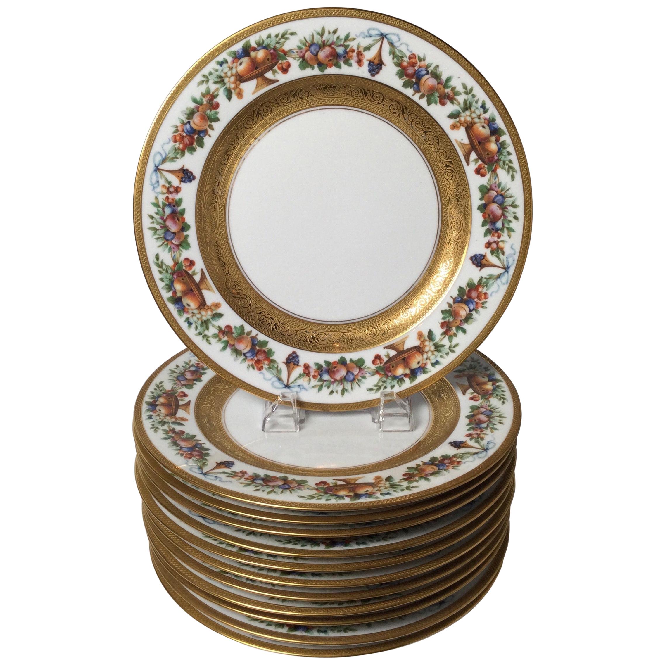 Set of 12 Gilt Banded Service Dinner Plates with Fruit Borders