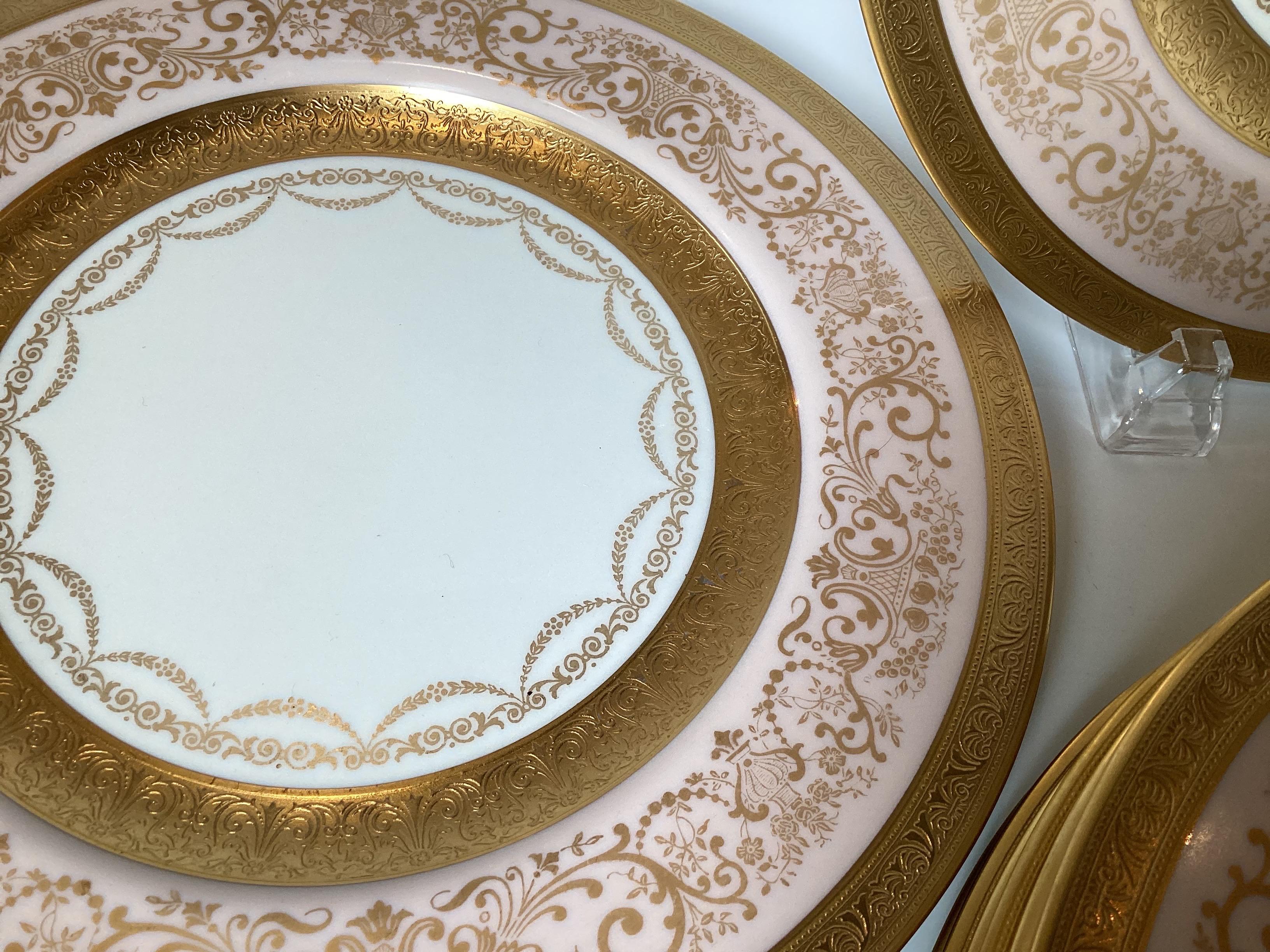 Set of 12 Gold Encrusted Service Dinner Plates with Petal Pink Borders  In Excellent Condition For Sale In Lambertville, NJ