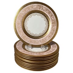 Set of 12 Gold Encrusted Service Dinner Plates with Petal Pink Borders