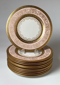 Set of 12 Gold Encrusted Service Dinner Plates with Petal Pink Borders 