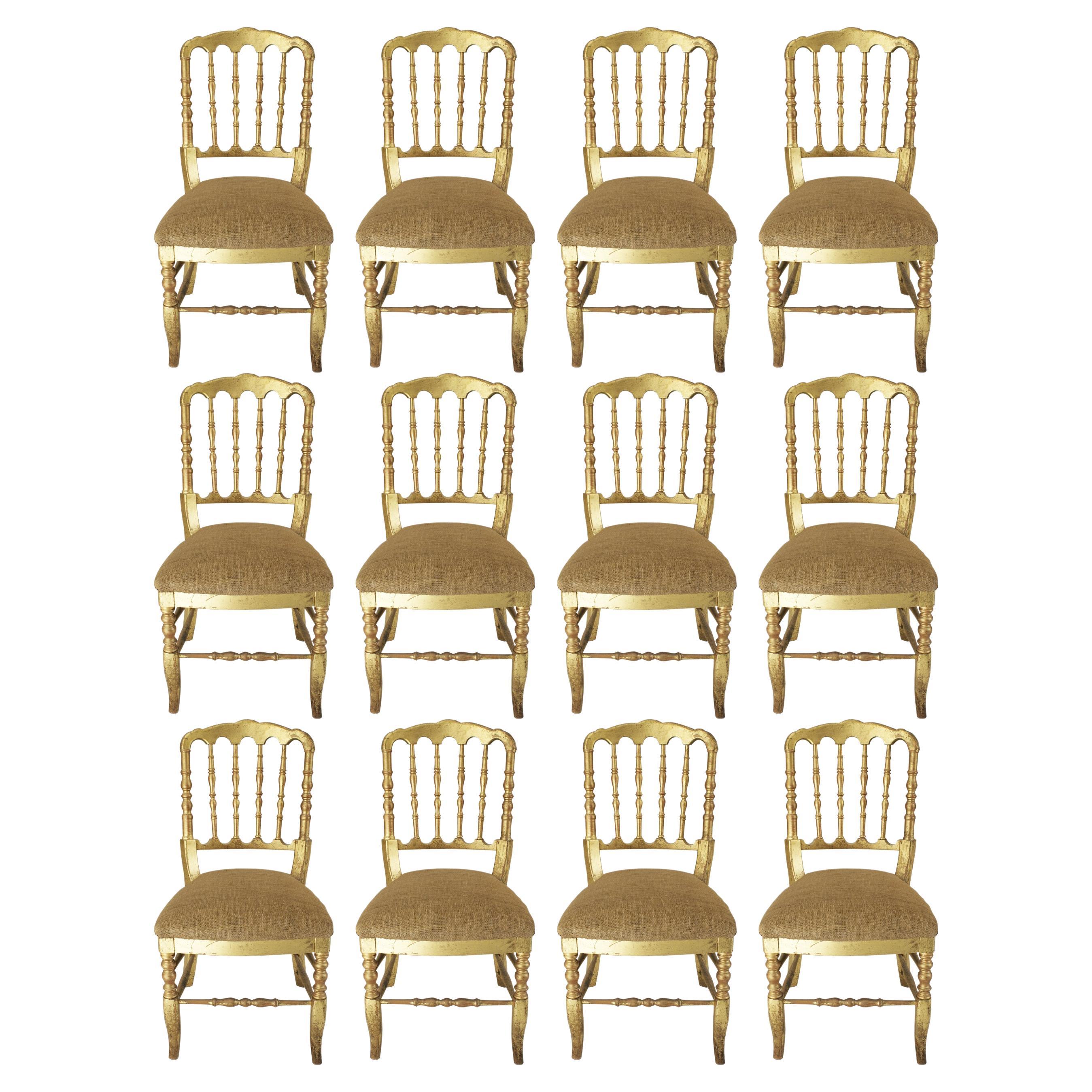 Set of 12 Gold Leaf Tiffany, Chiavari Style Chairs, France, 1960s For Sale