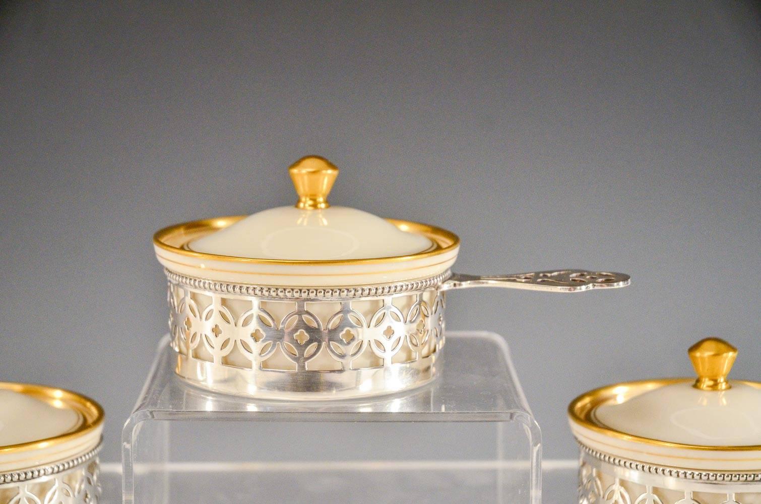 A perfect set of 12 Lenox covered ramekins ready for creme brulee, chocolate mousse or pate. Desserts, first course, these create a lovely presentation with simple and elegant ivory and gold porcelain ramekins that sit neatly in the sterling silver