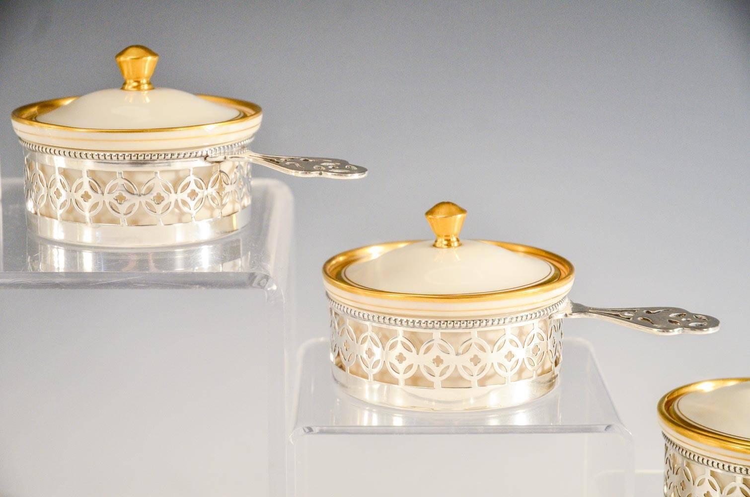 American Set of 12 Gorham Sterling & Lenox Covered Ramekins Ivory & Gold For Sale