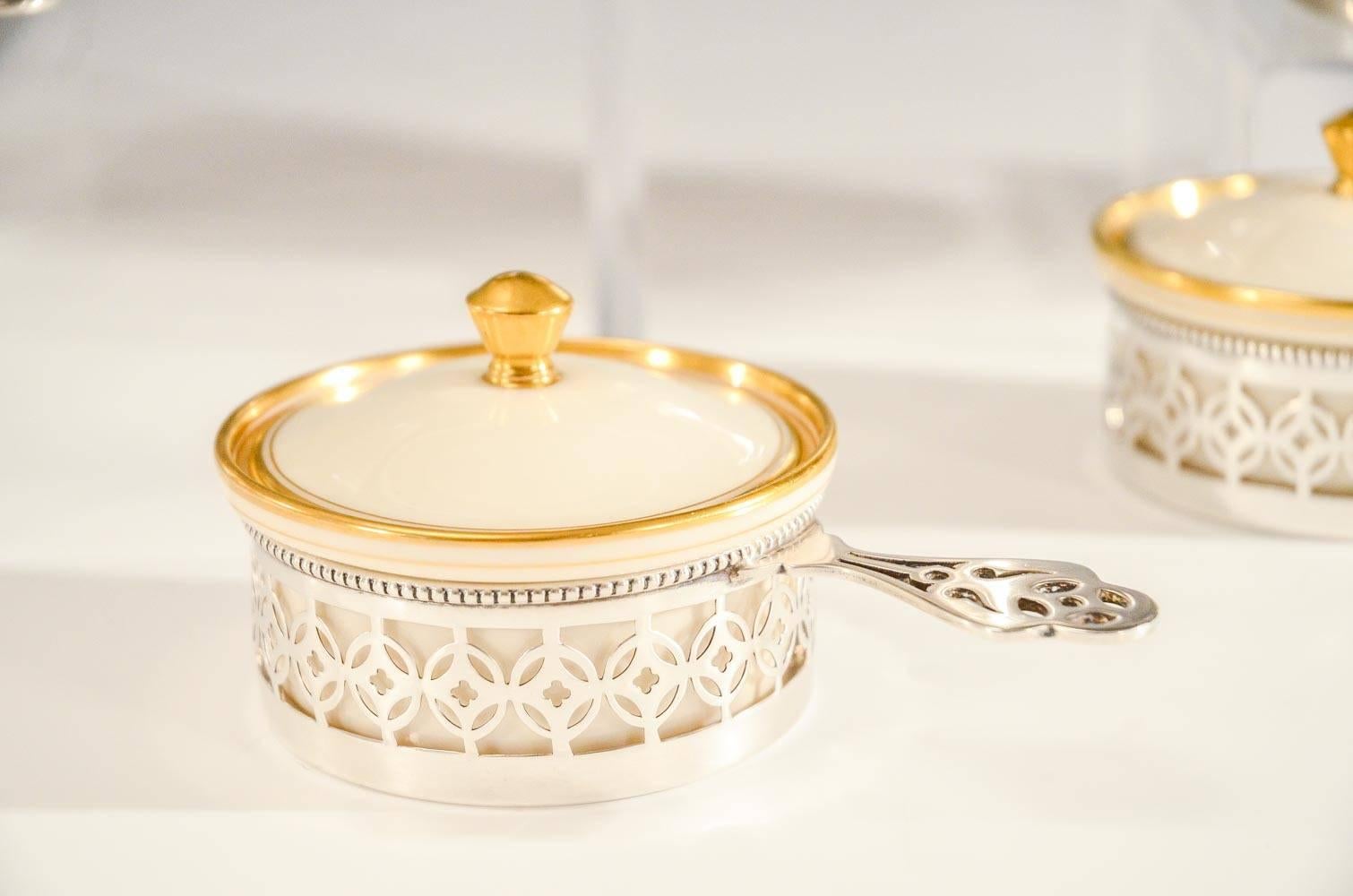 Set of 12 Gorham Sterling & Lenox Covered Ramekins Ivory & Gold In Excellent Condition For Sale In Great Barrington, MA