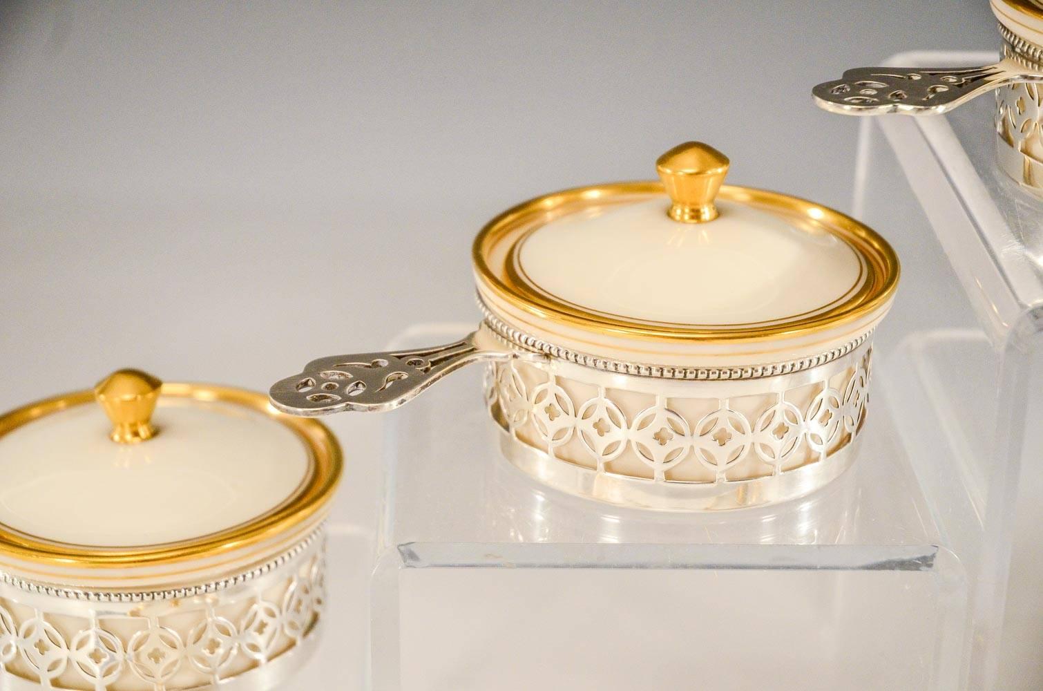 Early 20th Century Set of 12 Gorham Sterling & Lenox Covered Ramekins Ivory & Gold For Sale