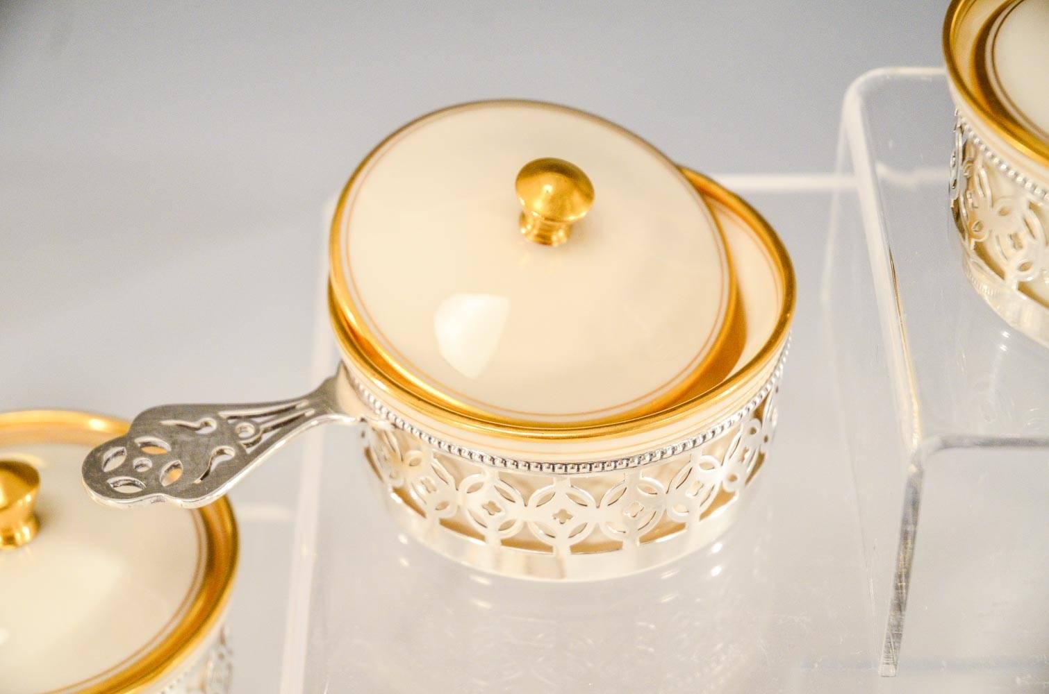 Porcelain Set of 12 Gorham Sterling & Lenox Covered Ramekins Ivory & Gold