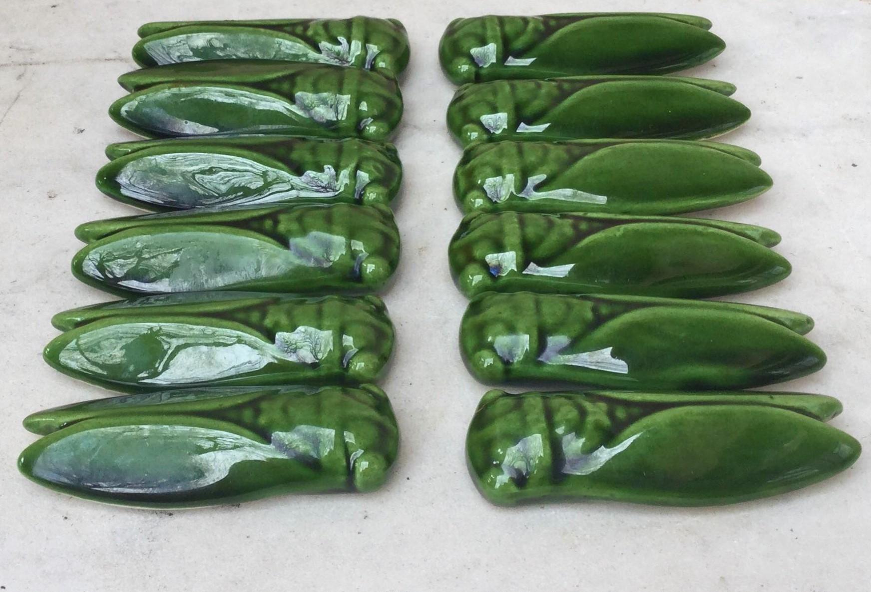 Rustic Set of 12 Green Majolica Cicada Knife Rests