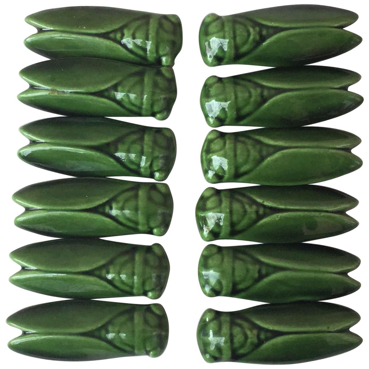 Set of 12 Green Majolica Cicada Knife Rests