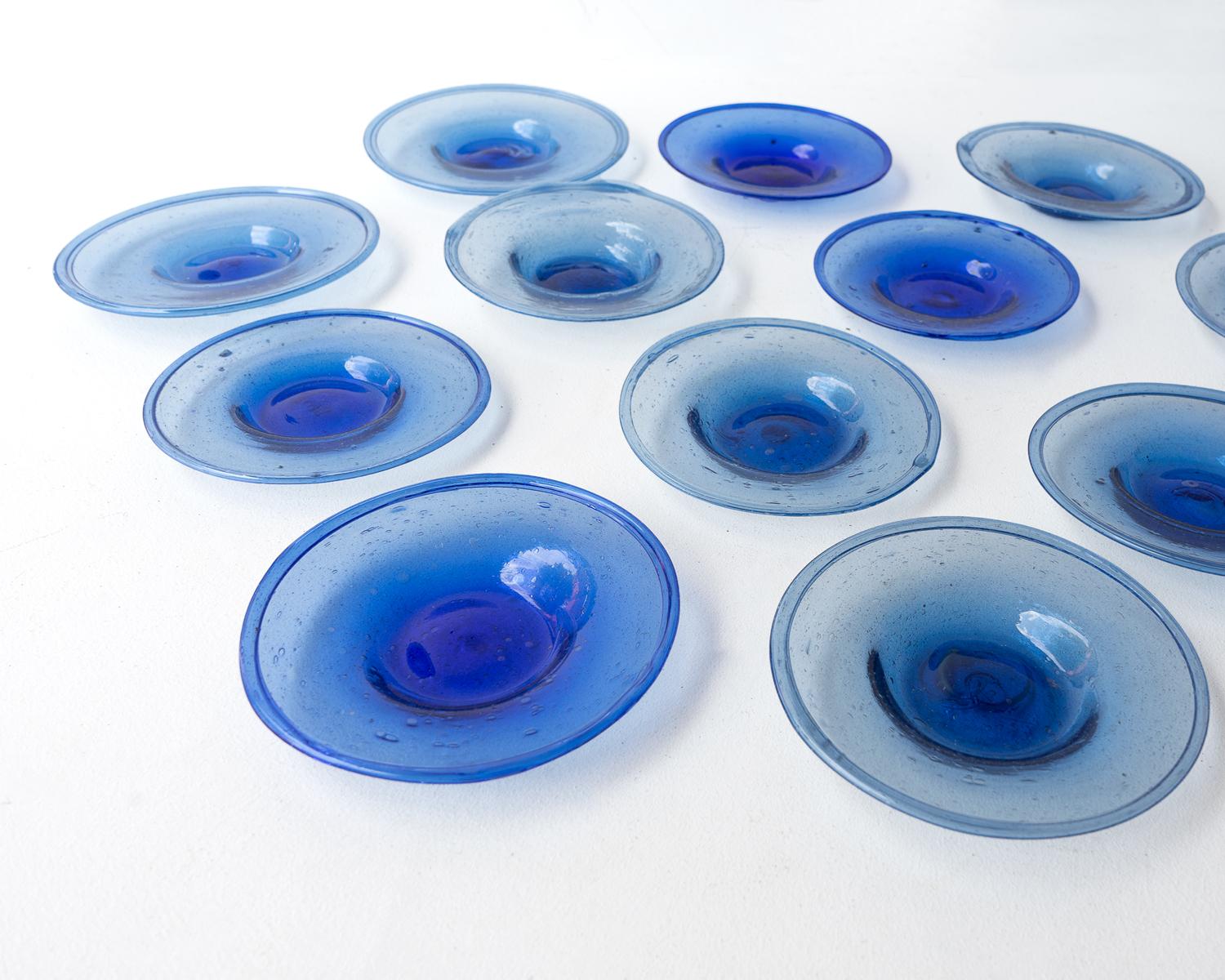 SET of 12 HAND BLOWN COBALT BLUE BUBBLE GLASS DISHES MID CENTURY STUDIO BOWLS 2