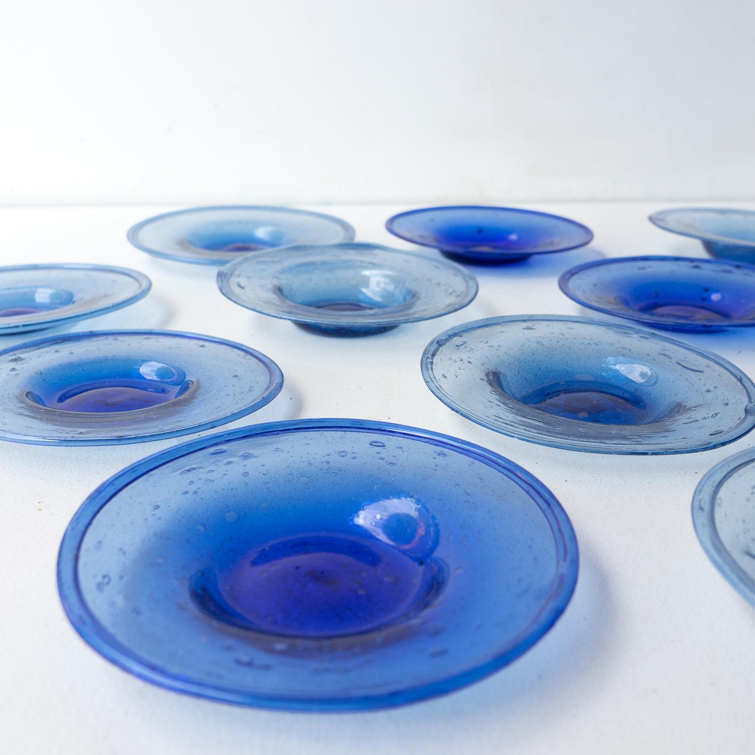 SET of 12 HAND BLOWN COBALT BLUE BUBBLE GLASS DISHES MID CENTURY STUDIO BOWLS 3