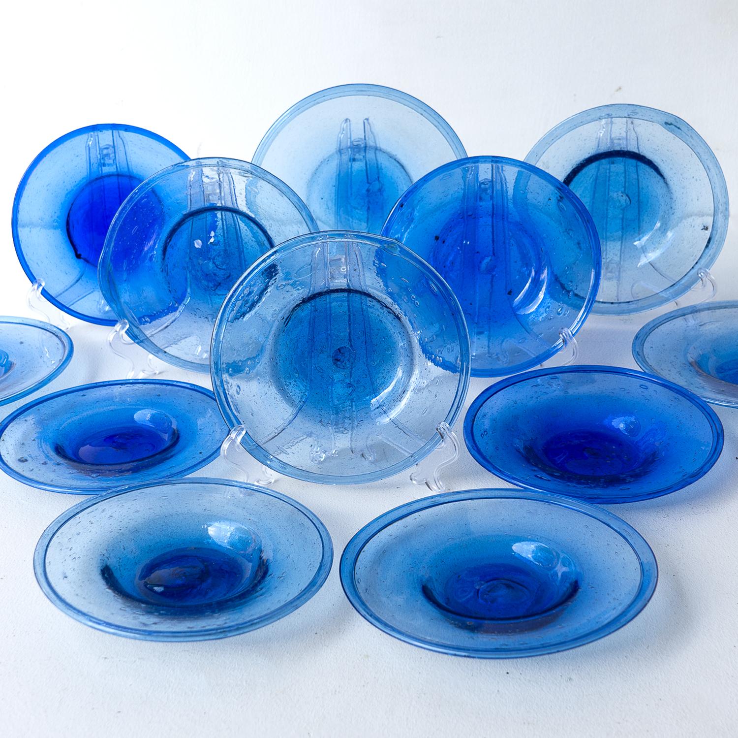 SET of 12 HAND BLOWN COBALT BLUE BUBBLE GLASS DISHES MID CENTURY STUDIO BOWLS 5