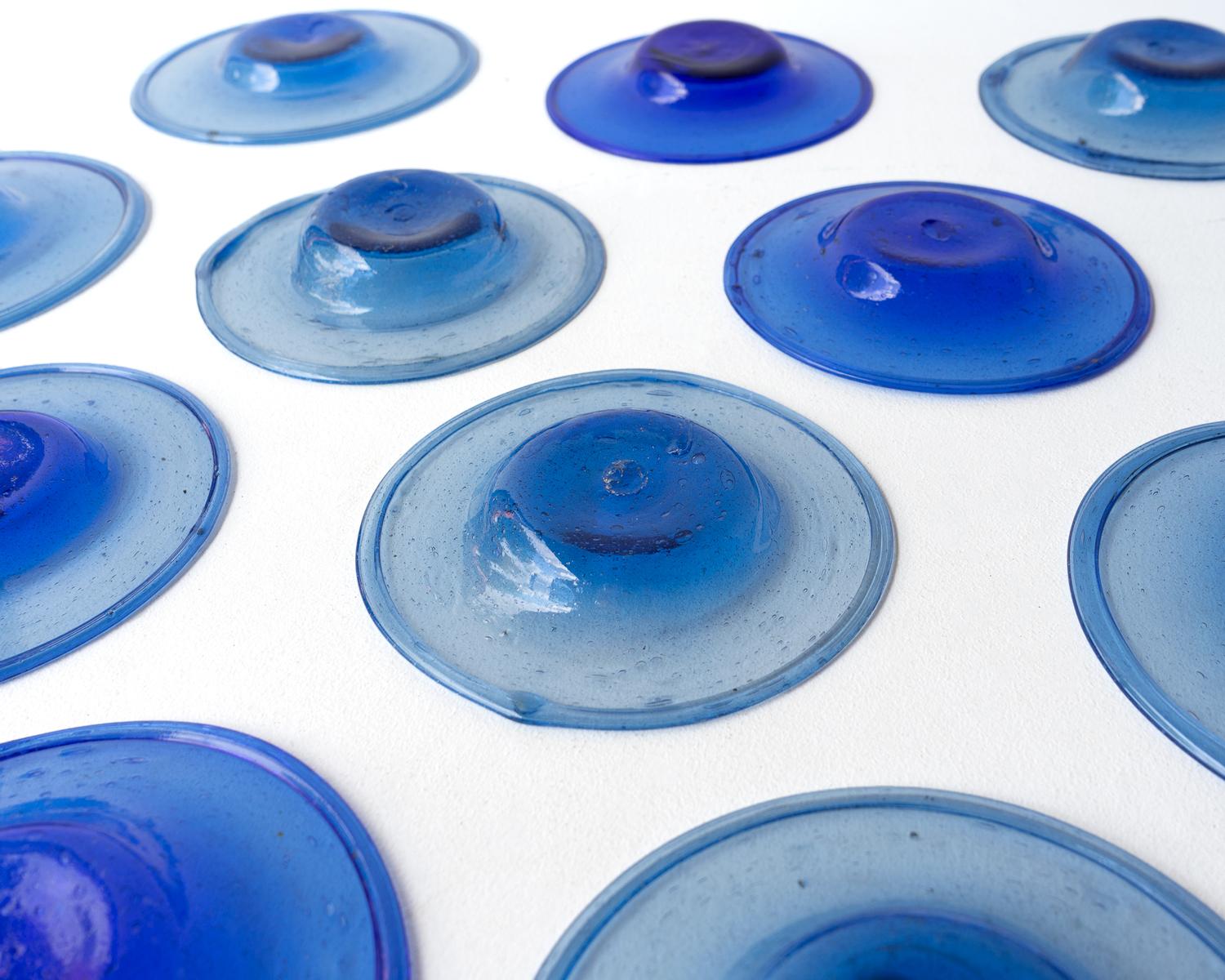 SET of 12 HAND BLOWN COBALT BLUE BUBBLE GLASS DISHES MID CENTURY STUDIO BOWLS 6