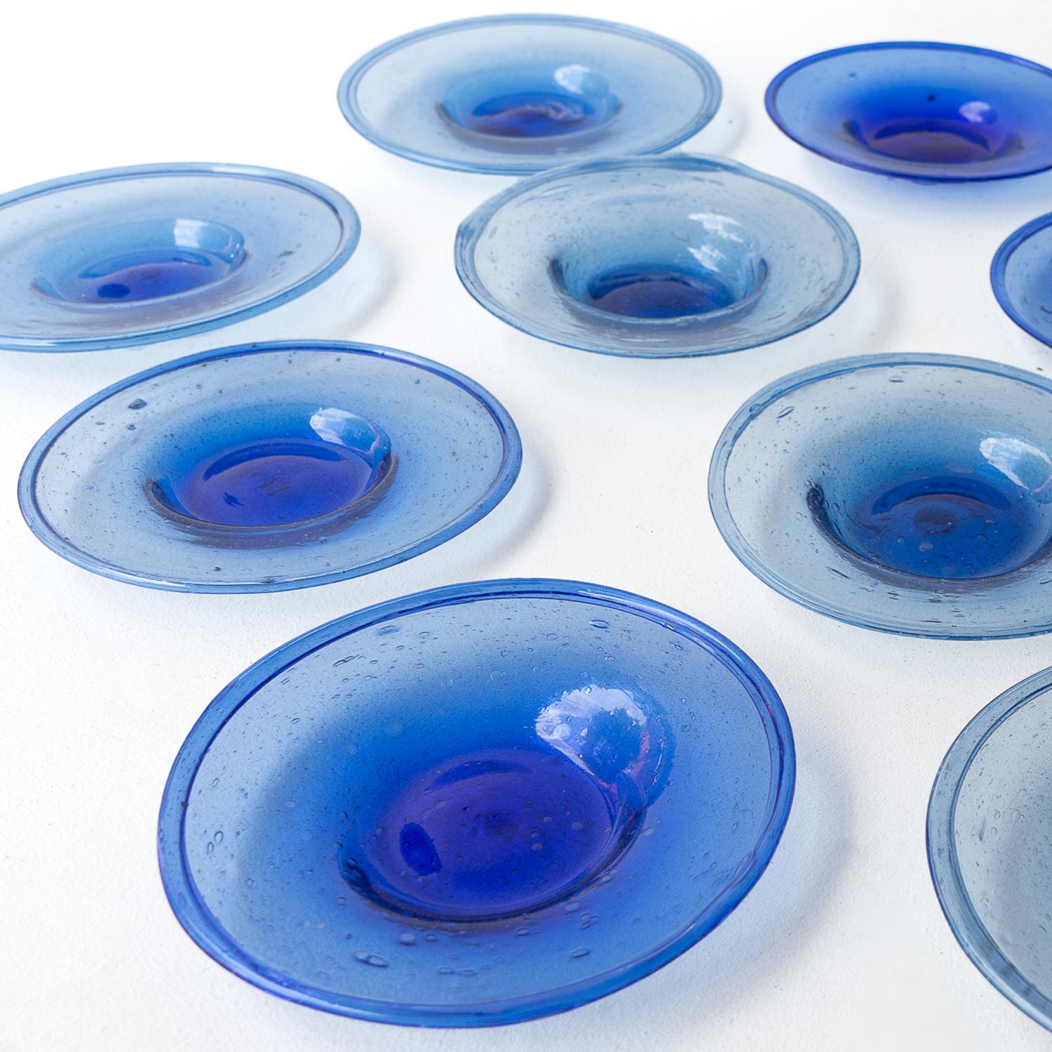 20th Century SET of 12 HAND BLOWN COBALT BLUE BUBBLE GLASS DISHES MID CENTURY STUDIO BOWLS