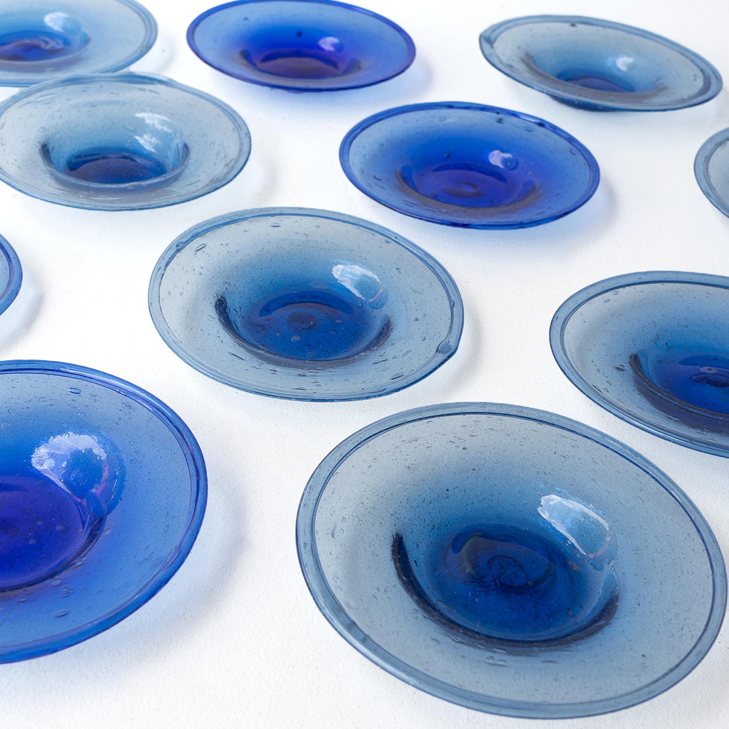 Glass SET of 12 HAND BLOWN COBALT BLUE BUBBLE GLASS DISHES MID CENTURY STUDIO BOWLS