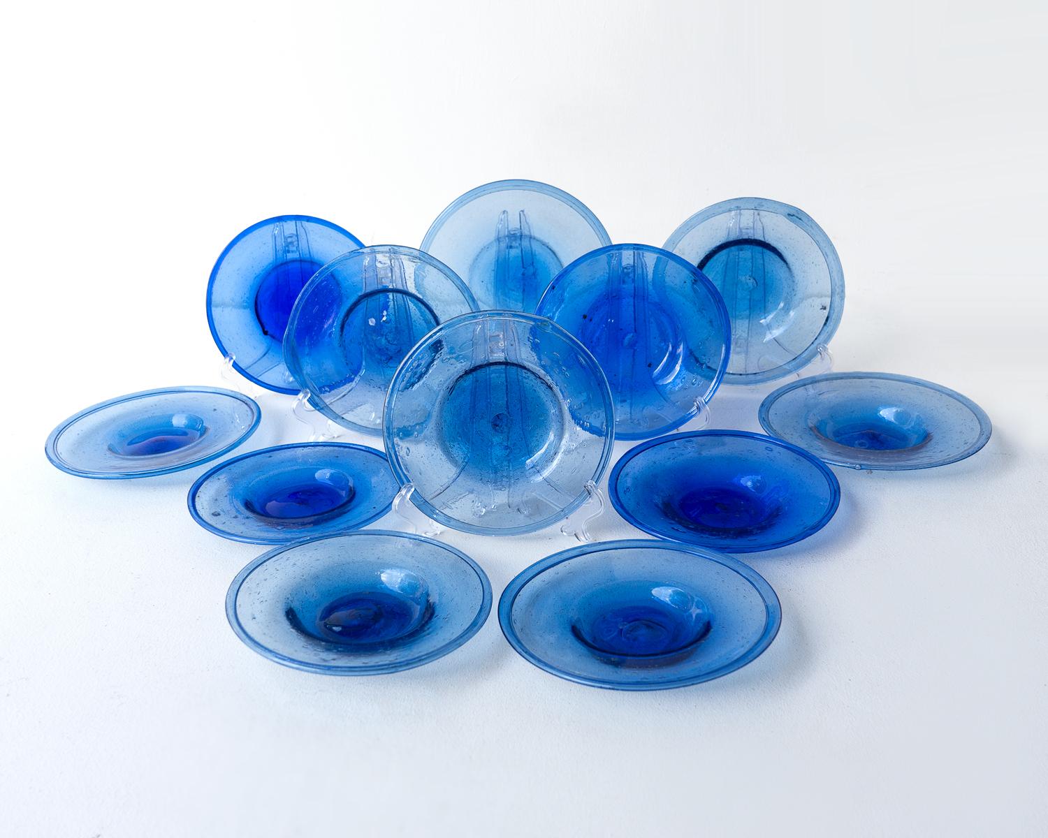 SET of 12 HAND BLOWN COBALT BLUE BUBBLE GLASS DISHES MID CENTURY STUDIO BOWLS 1