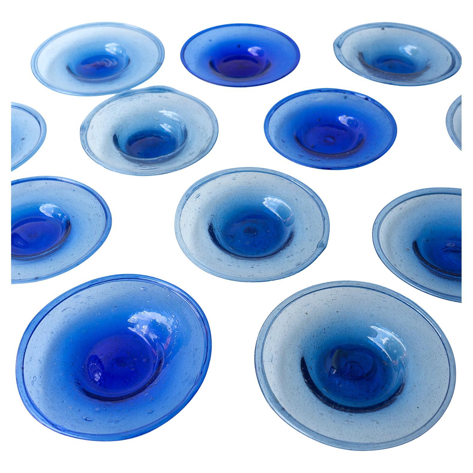 SET of 12 HAND BLOWN COBALT BLUE BUBBLE GLASS DISHES MID CENTURY STUDIO BOWLS