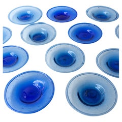 SET of 12 HAND BLOWN COBALT BLUE BUBBLE GLASS DISHES MID CENTURY STUDIO GLASS