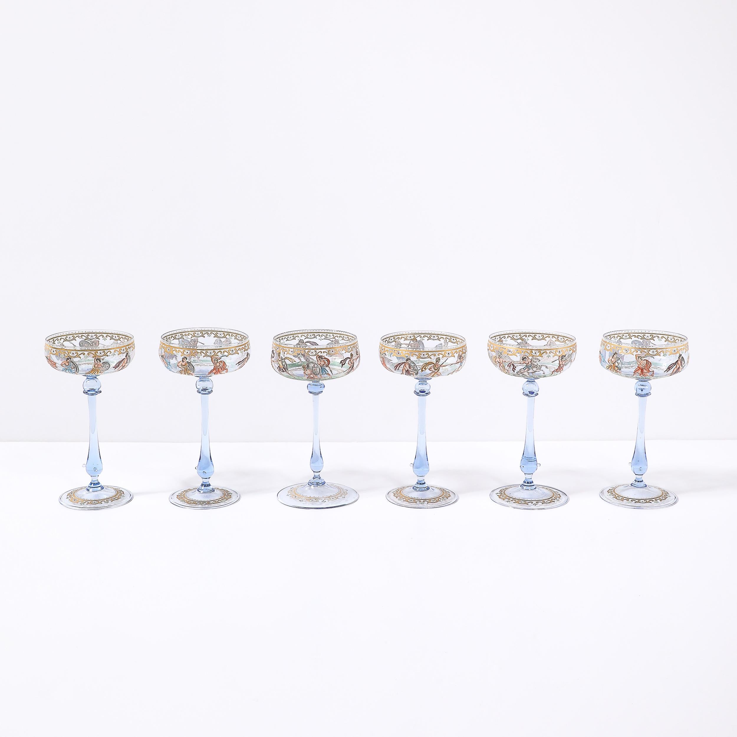 Satz von 12 mundgeblasenen und bemalten Champagner-Untertassen aus Murano-Kunstglas von Salviati im Angebot 12