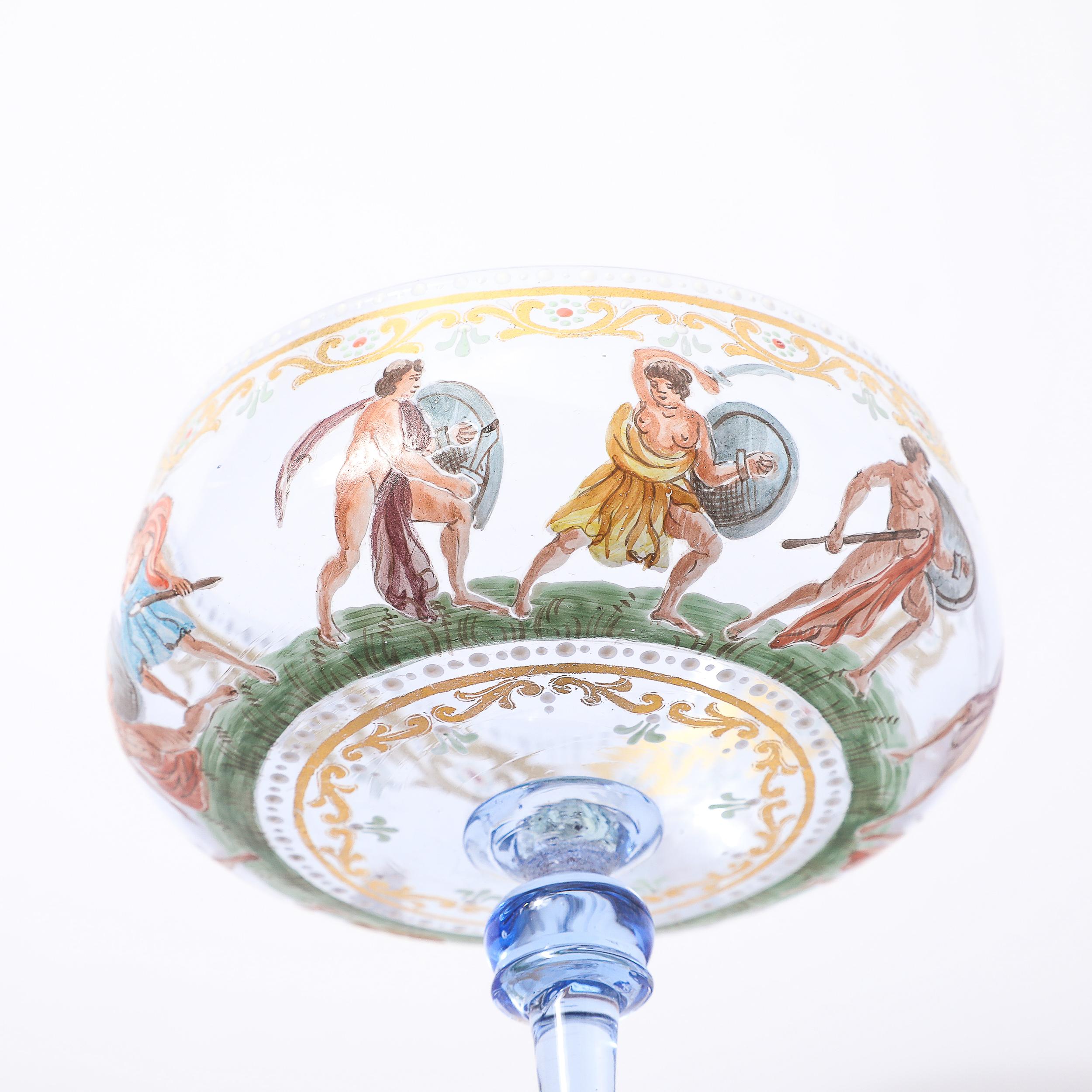 Satz von 12 mundgeblasenen und bemalten Champagner-Untertassen aus Murano-Kunstglas von Salviati (Moderne der Mitte des Jahrhunderts) im Angebot