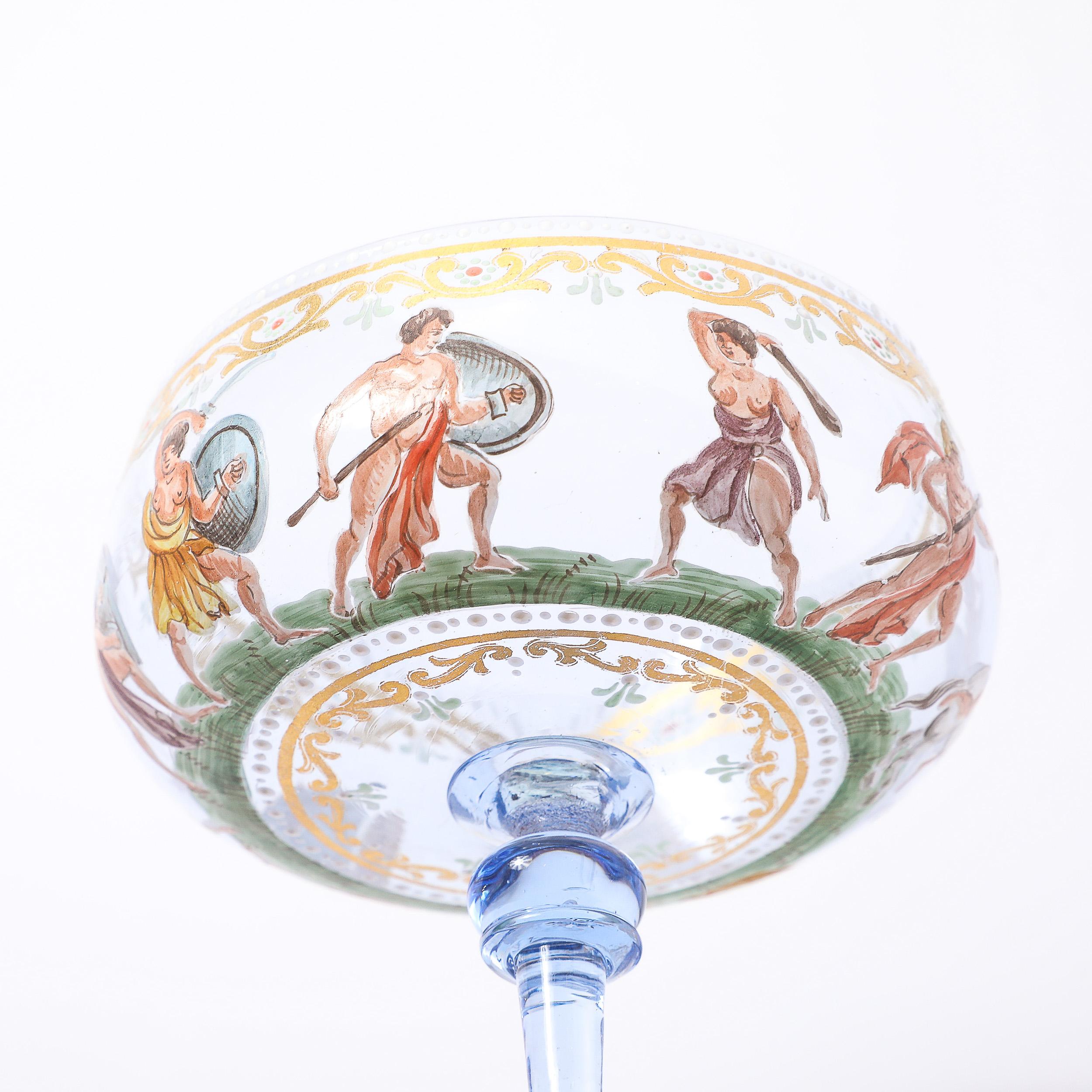 Satz von 12 mundgeblasenen und bemalten Champagner-Untertassen aus Murano-Kunstglas von Salviati (Italienisch) im Angebot