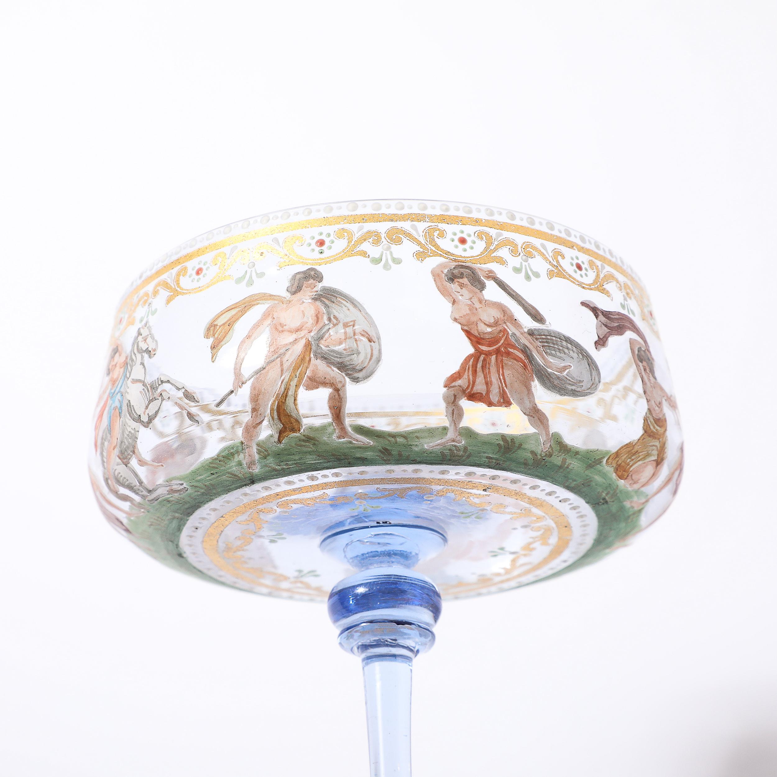Satz von 12 mundgeblasenen und bemalten Champagner-Untertassen aus Murano-Kunstglas von Salviati (Mitte des 20. Jahrhunderts) im Angebot
