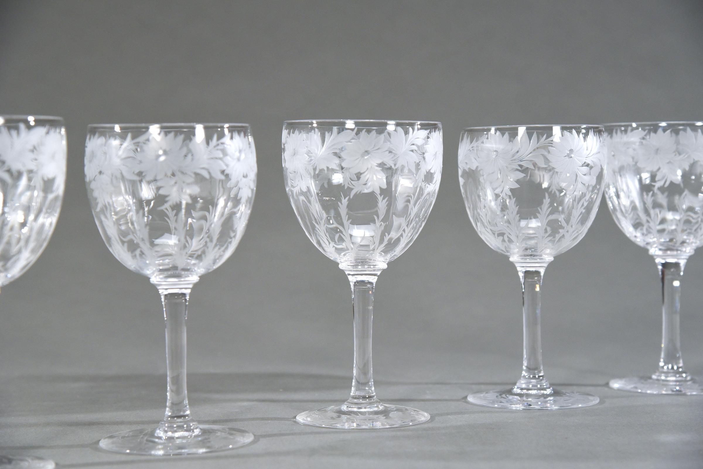 Arts and Crafts 12 Hand Blown Signed Libbey Wheel Cut Crystal Goblets Arts & Crafts Floral Motif