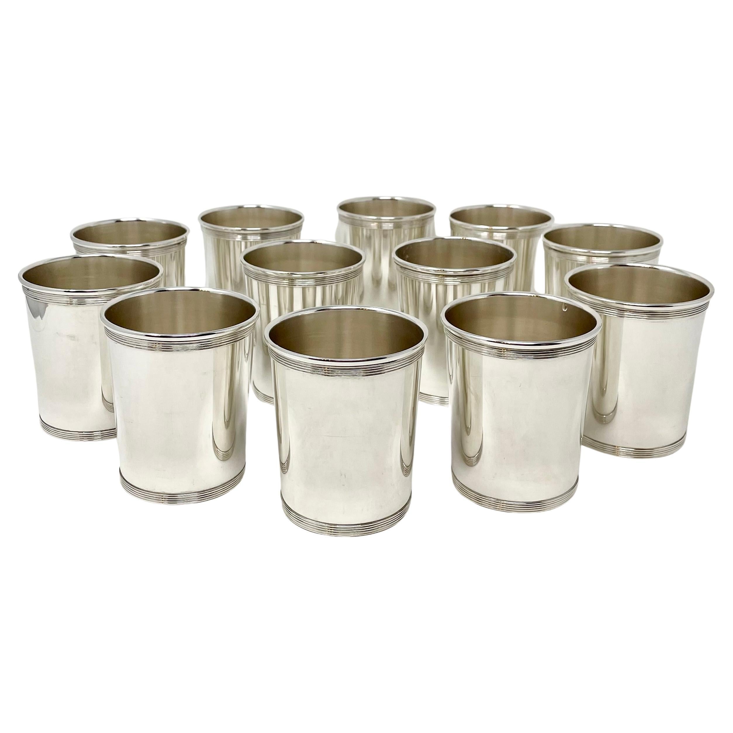 Set of 12 Hand-Made American Sterling Silver Mint Julep Cups with Banded Design. In Good Condition In New Orleans, LA