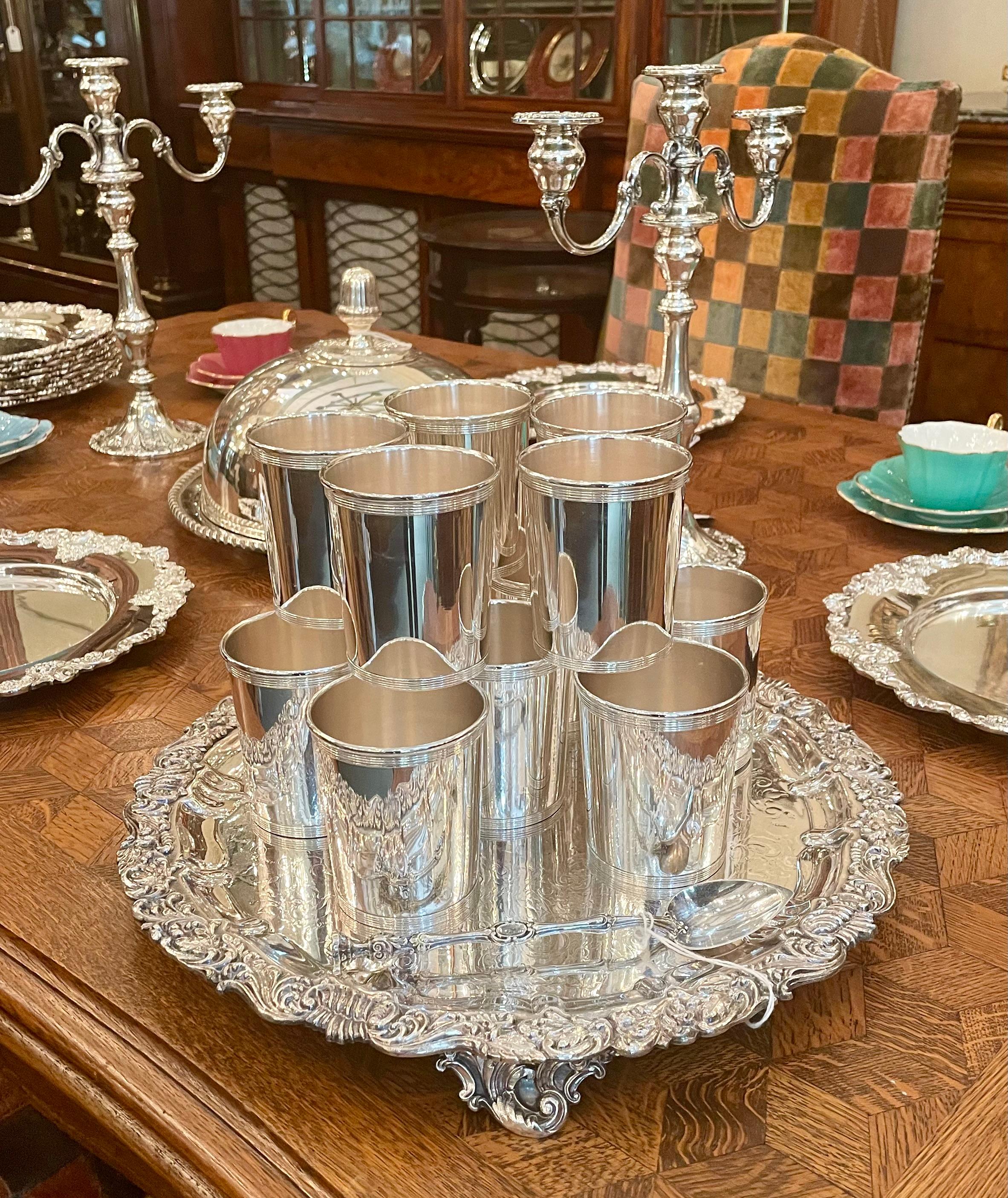 Set of 12 Hand-Made American Sterling Silver Mint Julep Cups with Banded Design. 3