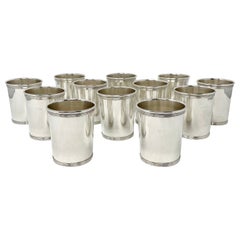 Set of 12 Hand-Made American Sterling Silver Mint Julep Cups with Banded Design.