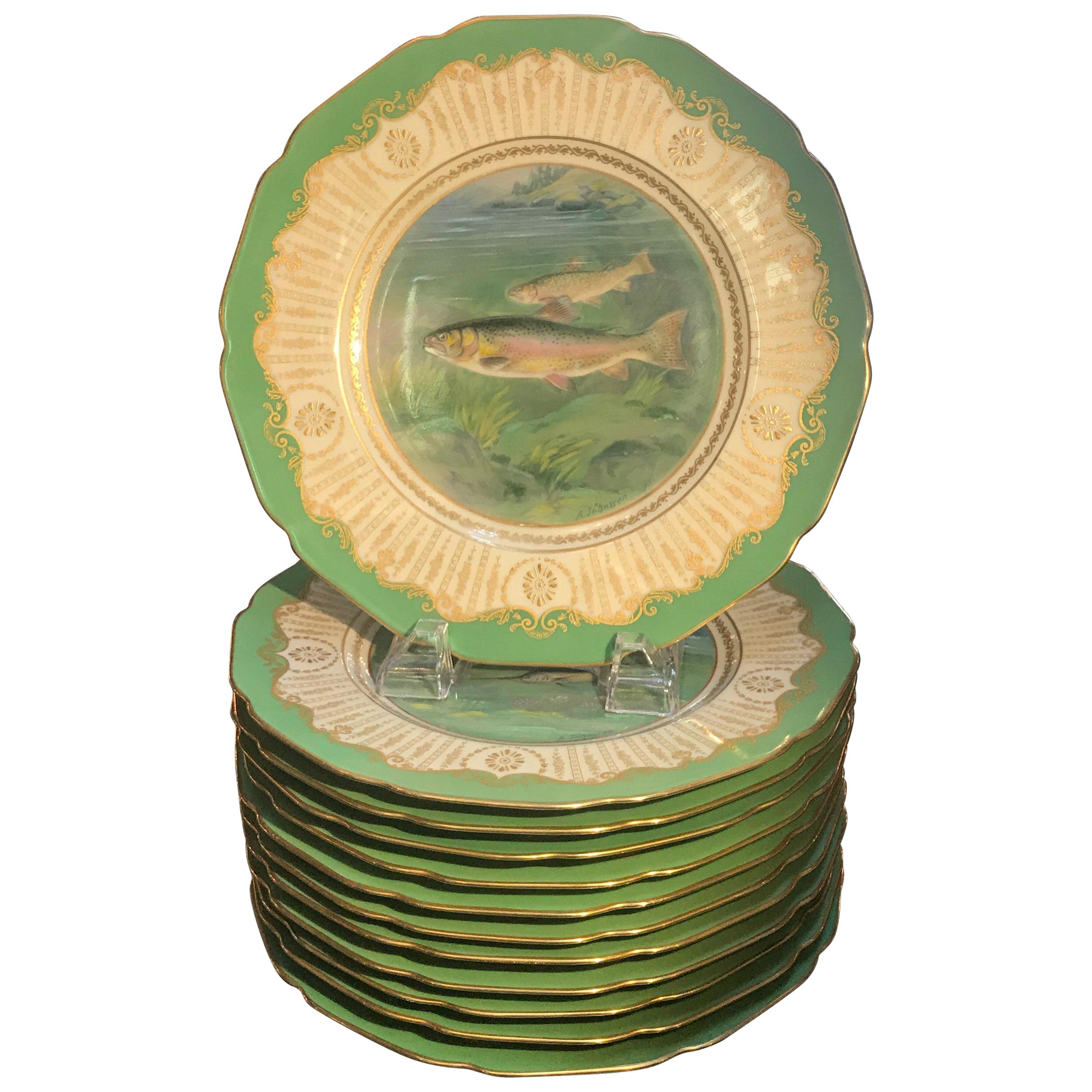 Set of 12 Hand-Painted Porcelain Fish Plates, Artist Signed a. Johnssen