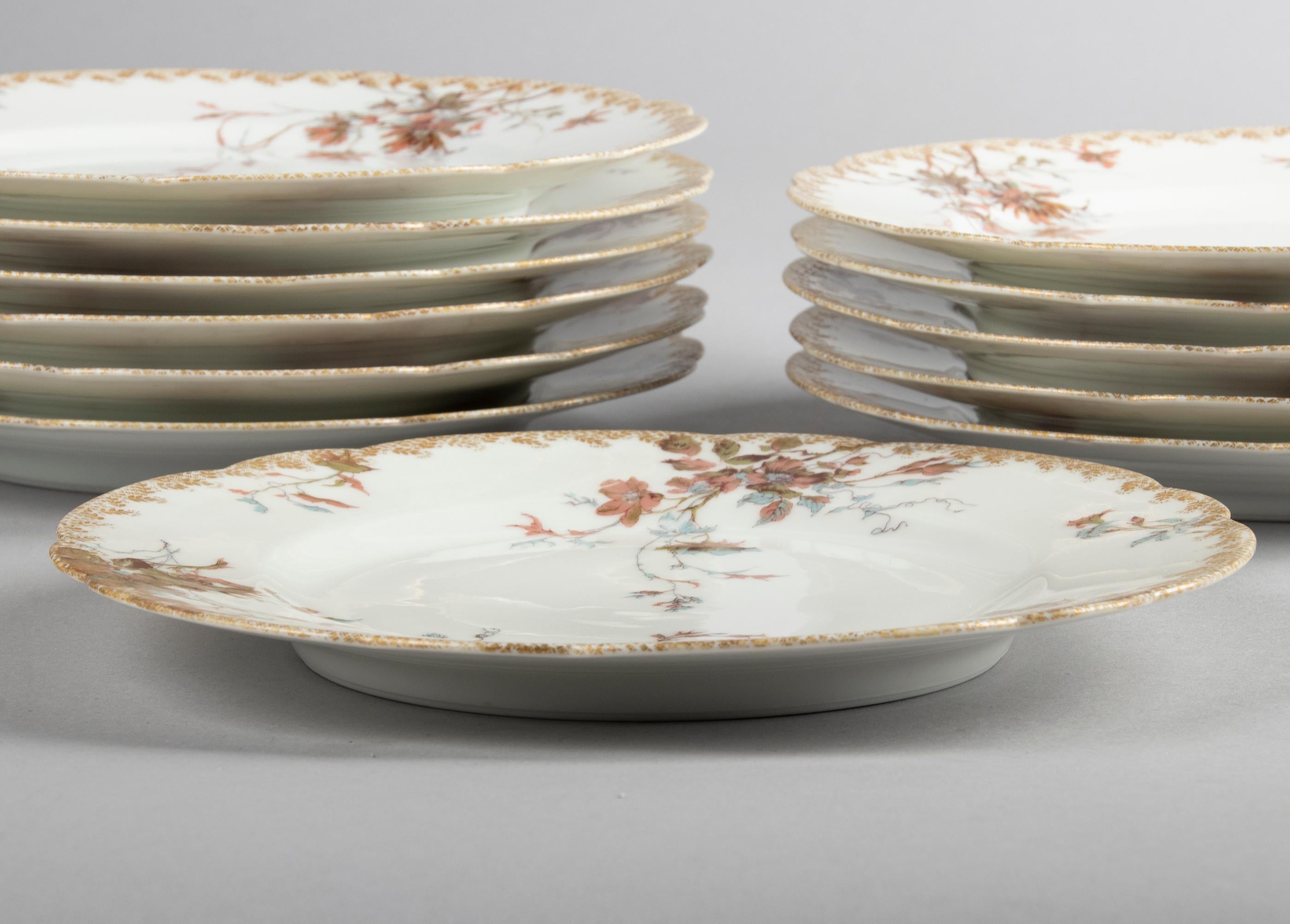 Gilt Set of 12 Haviland Limoges Porcelain Dinner Plates, Art Nouveau