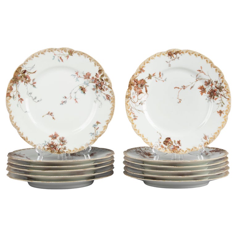 Set of 12 Haviland Limoges Porcelain Dinner Plates, Art Nouveau