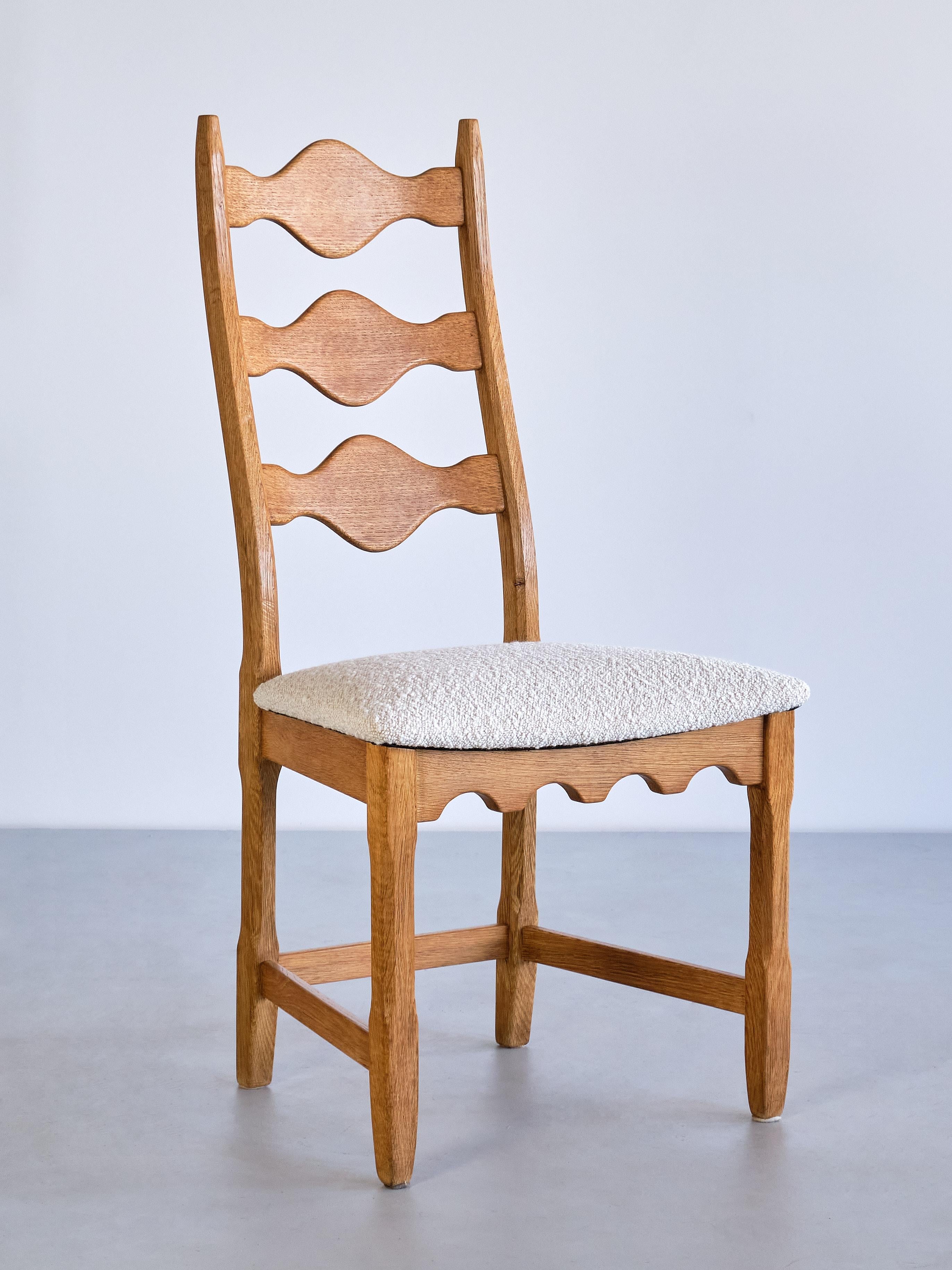 Set of 12 Henning Kjærnulf Dining Chairs, Oak and Ivory Bouclé, Denmark, 1960s 4