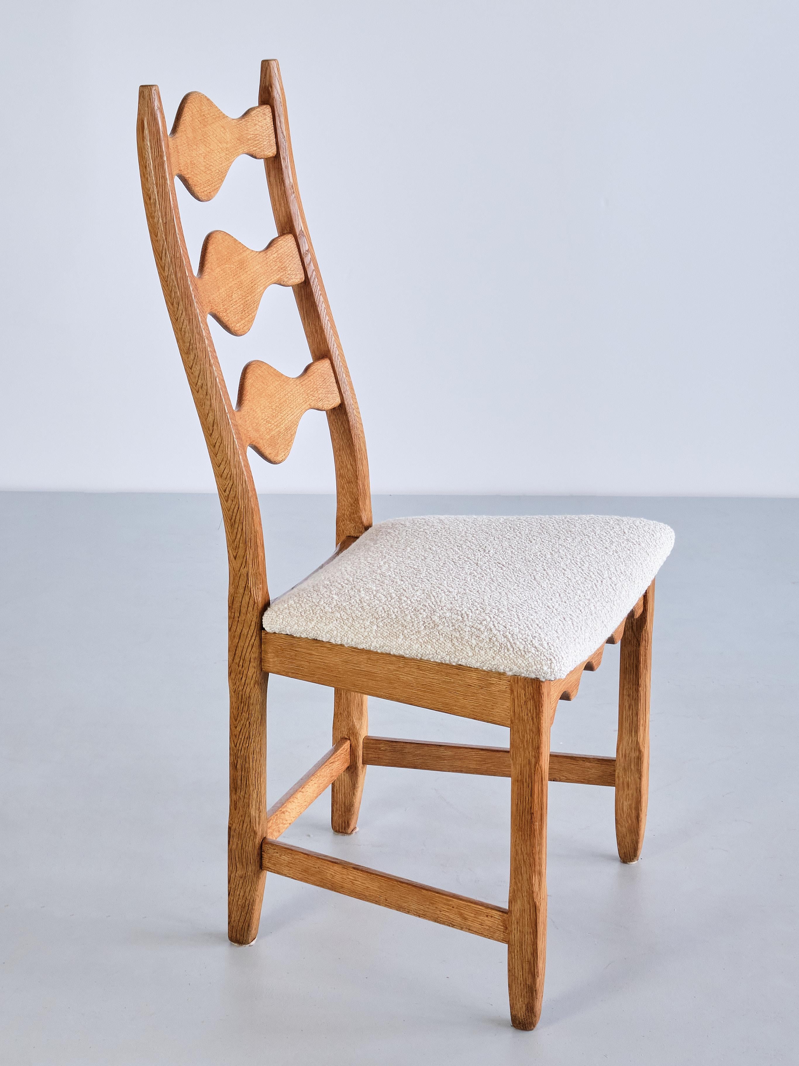 Set of 12 Henning Kjærnulf Dining Chairs, Oak and Ivory Bouclé, Denmark, 1960s 5