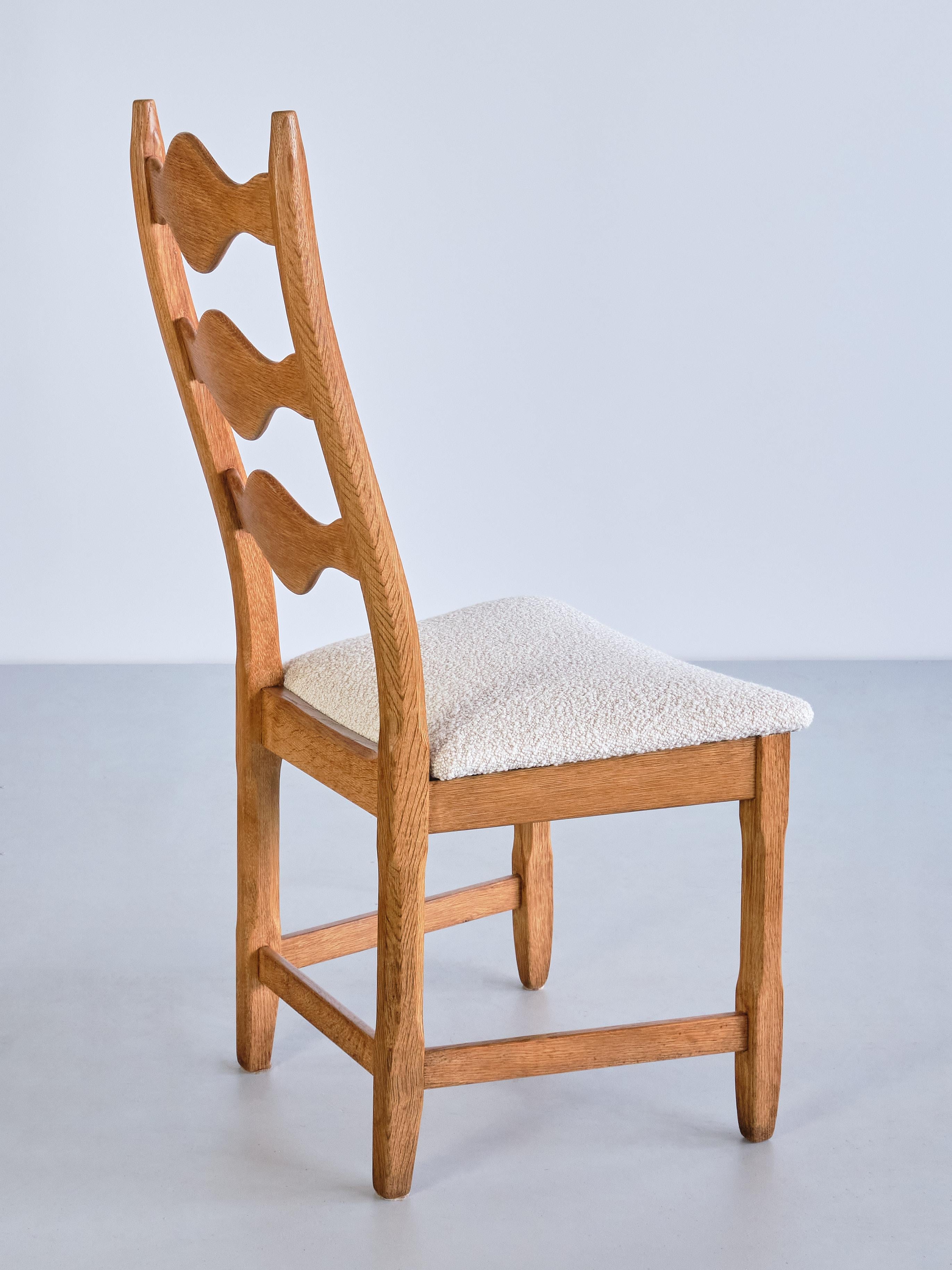 Set of 12 Henning Kjærnulf Dining Chairs, Oak and Ivory Bouclé, Denmark, 1960s 6