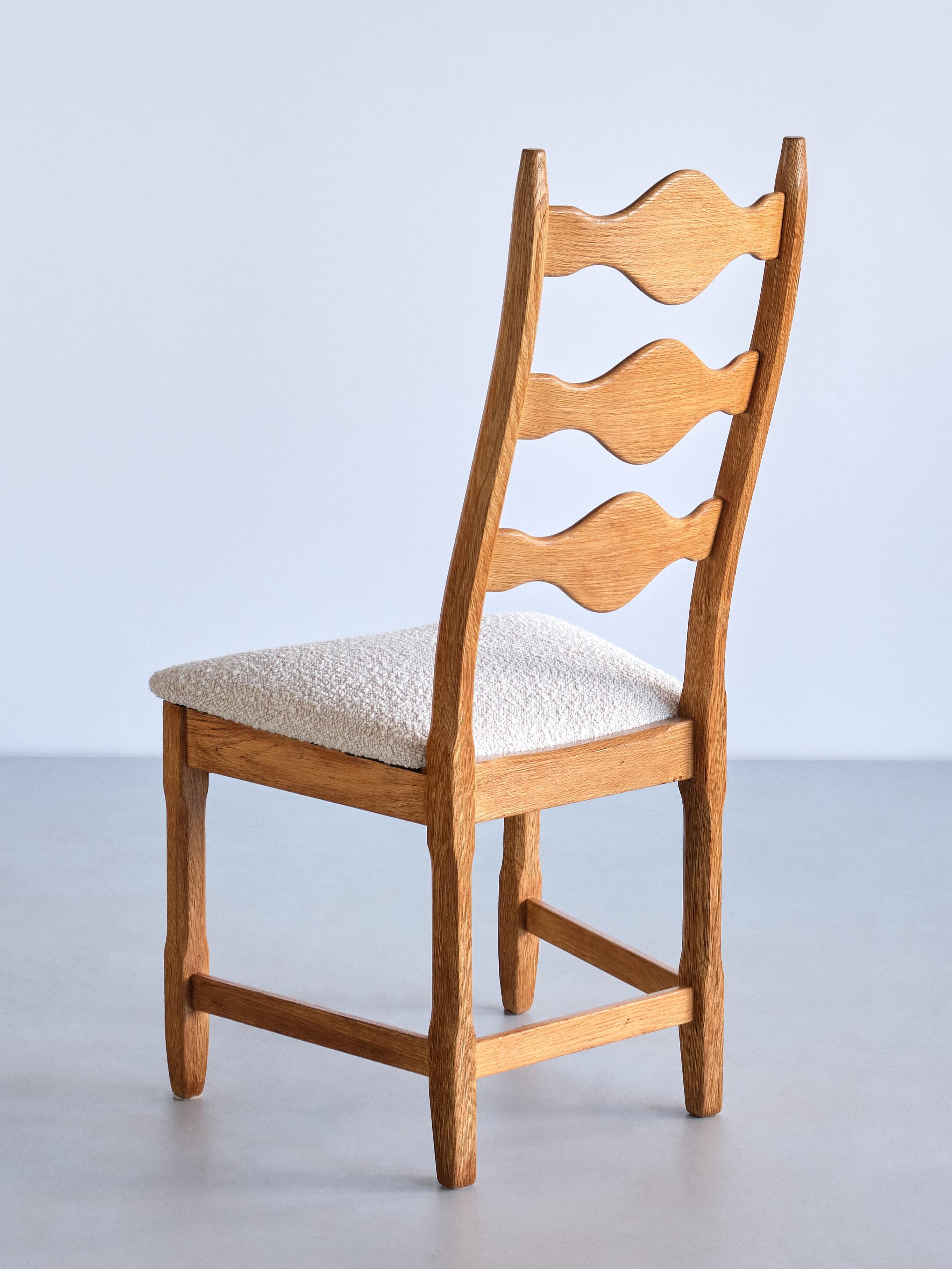 Set of 12 Henning Kjærnulf Dining Chairs, Oak and Ivory Bouclé, Denmark, 1960s 7