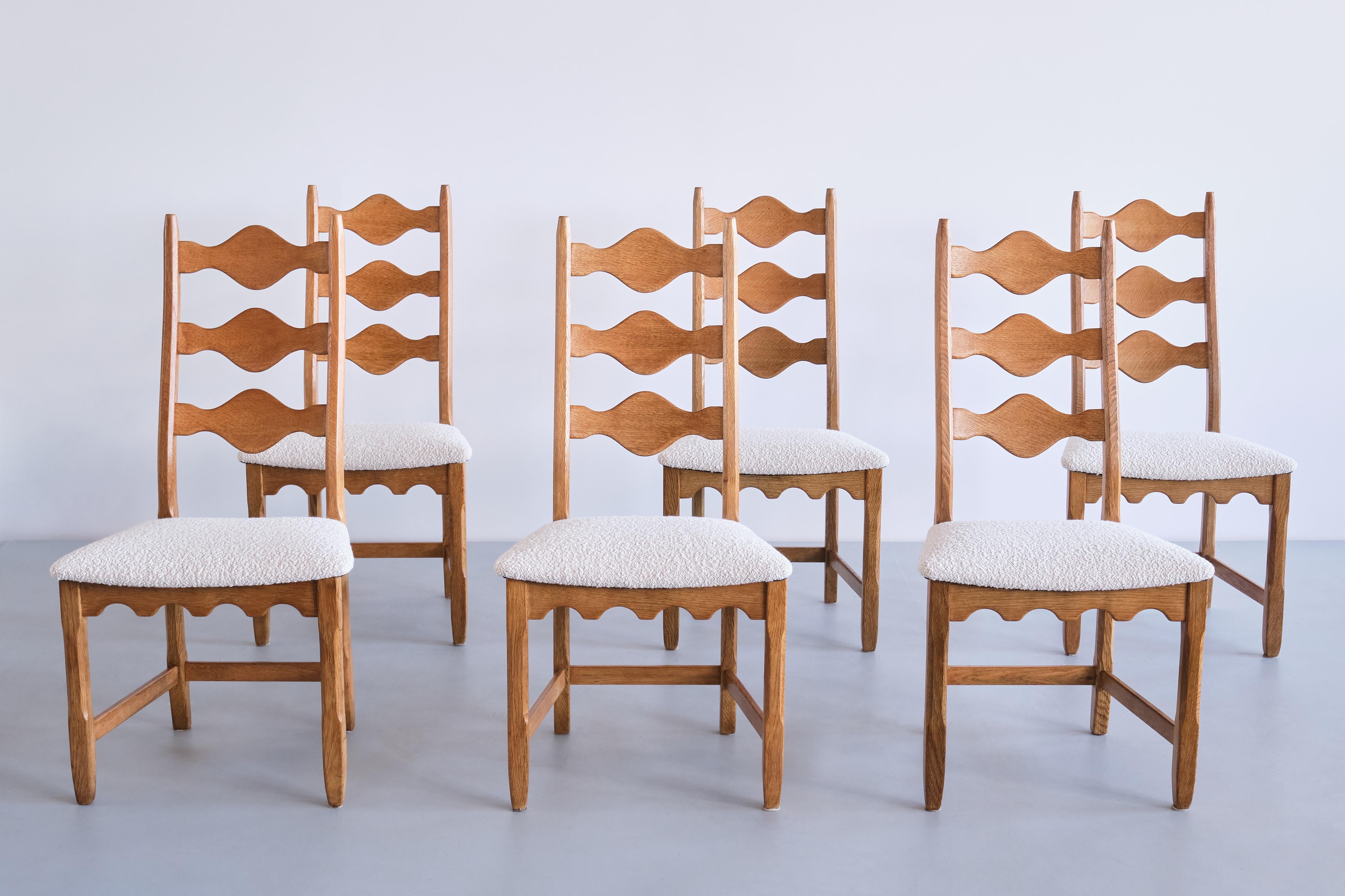 Set of 12 Henning Kjærnulf Dining Chairs, Oak and Ivory Bouclé, Denmark, 1960s 10
