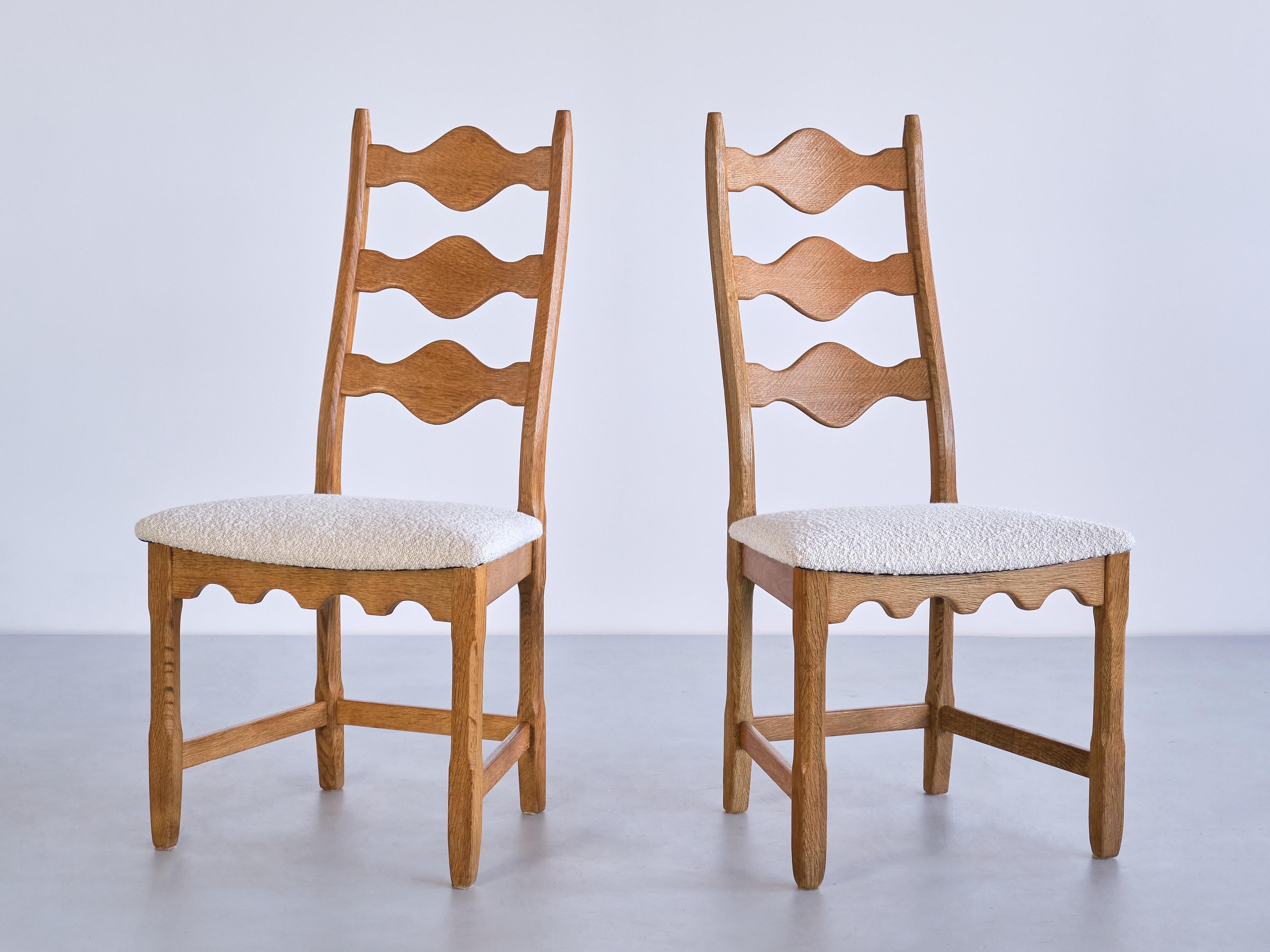 Scandinavian Modern Set of 12 Henning Kjærnulf Dining Chairs, Oak and Ivory Bouclé, Denmark, 1960s
