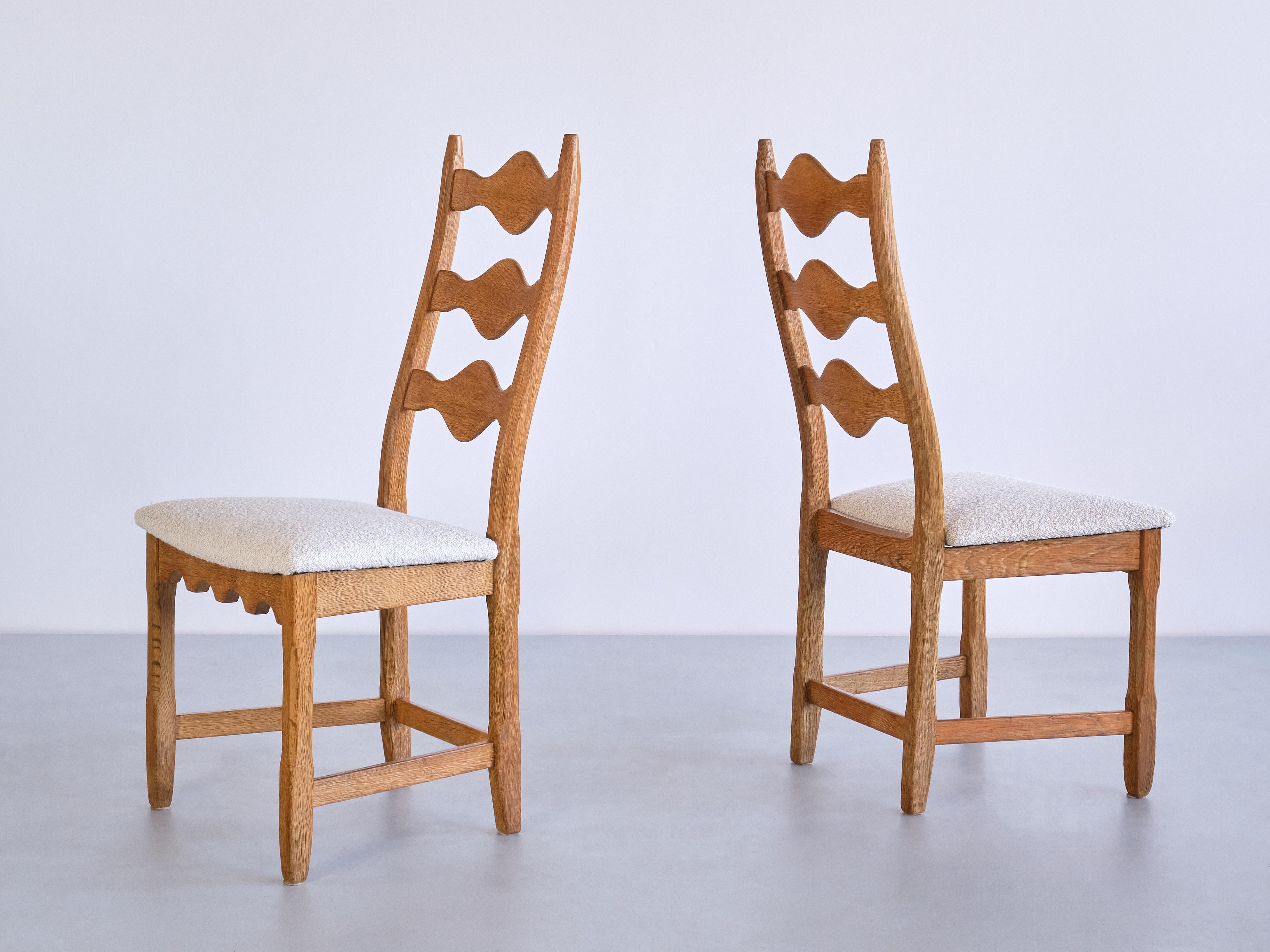 Danish Set of 12 Henning Kjærnulf Dining Chairs, Oak and Ivory Bouclé, Denmark, 1960s