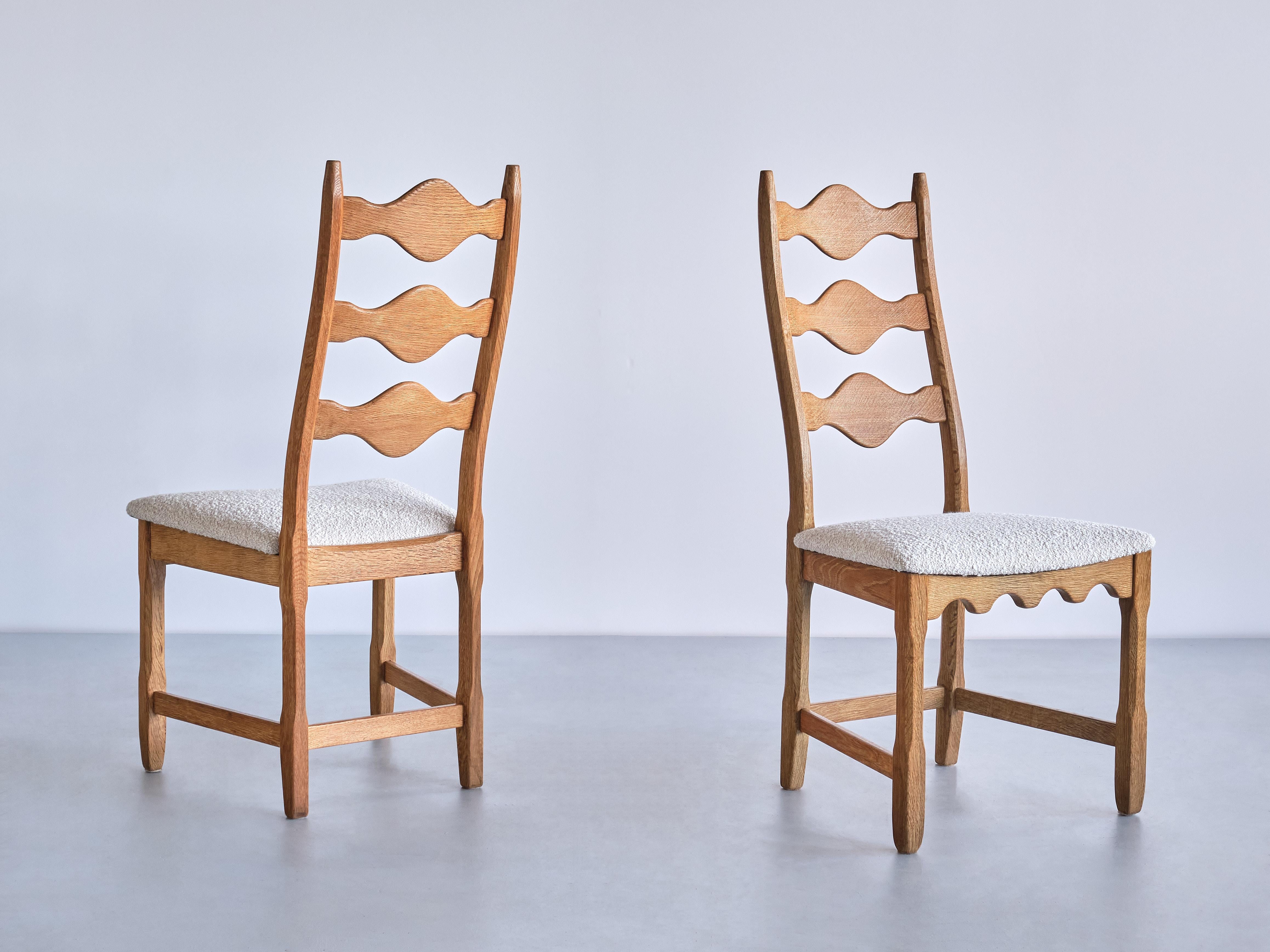 Set of 12 Henning Kjærnulf Dining Chairs, Oak and Ivory Bouclé, Denmark, 1960s In Good Condition In The Hague, NL
