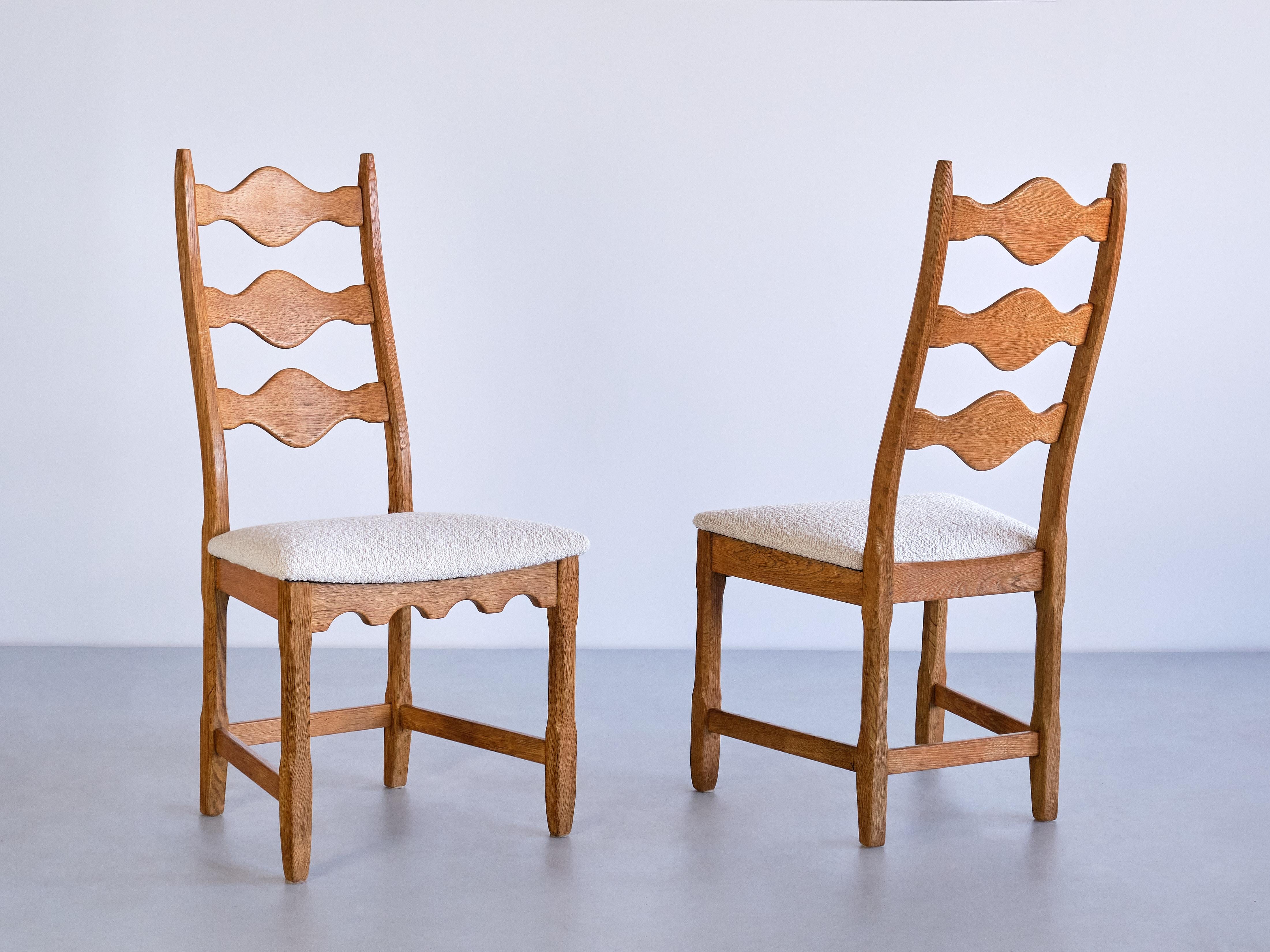 Mid-20th Century Set of 12 Henning Kjærnulf Dining Chairs, Oak and Ivory Bouclé, Denmark, 1960s